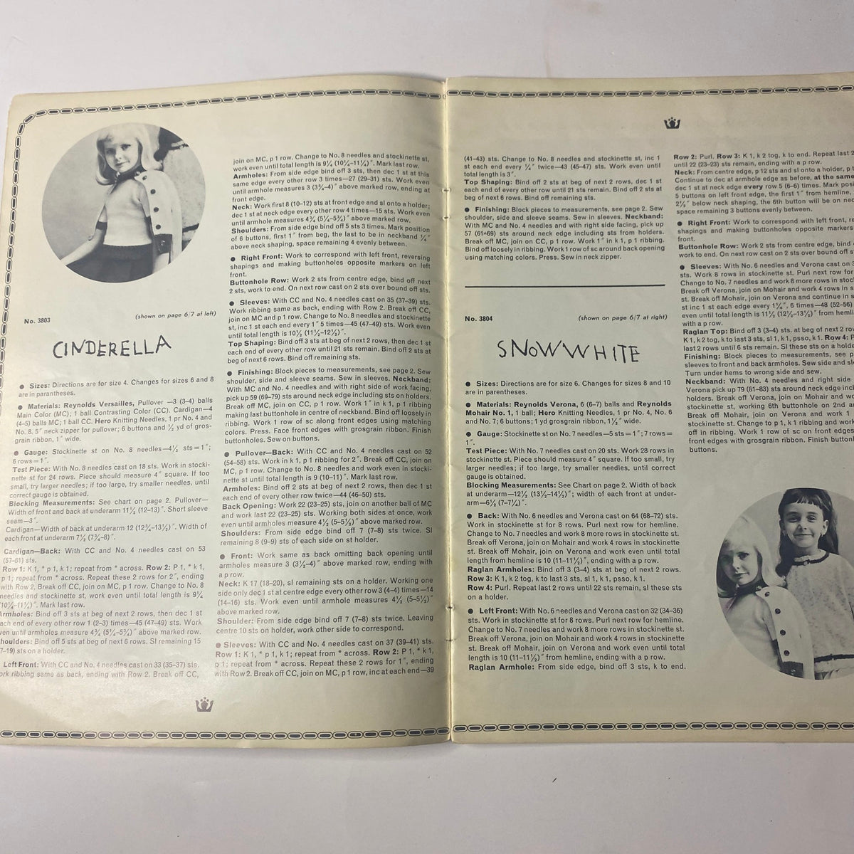 1980s Reynolds Designer Fashions for Children Catalog featuring a double-page spread with illustrations of Cinderella and Snow White themed children's fashions.