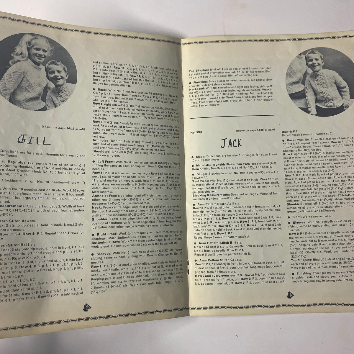 1980s Reynolds Designer Fashions for Children Catalog displaying a two-page layout with children's fashion designs named 'Gill' and 'Jack'.