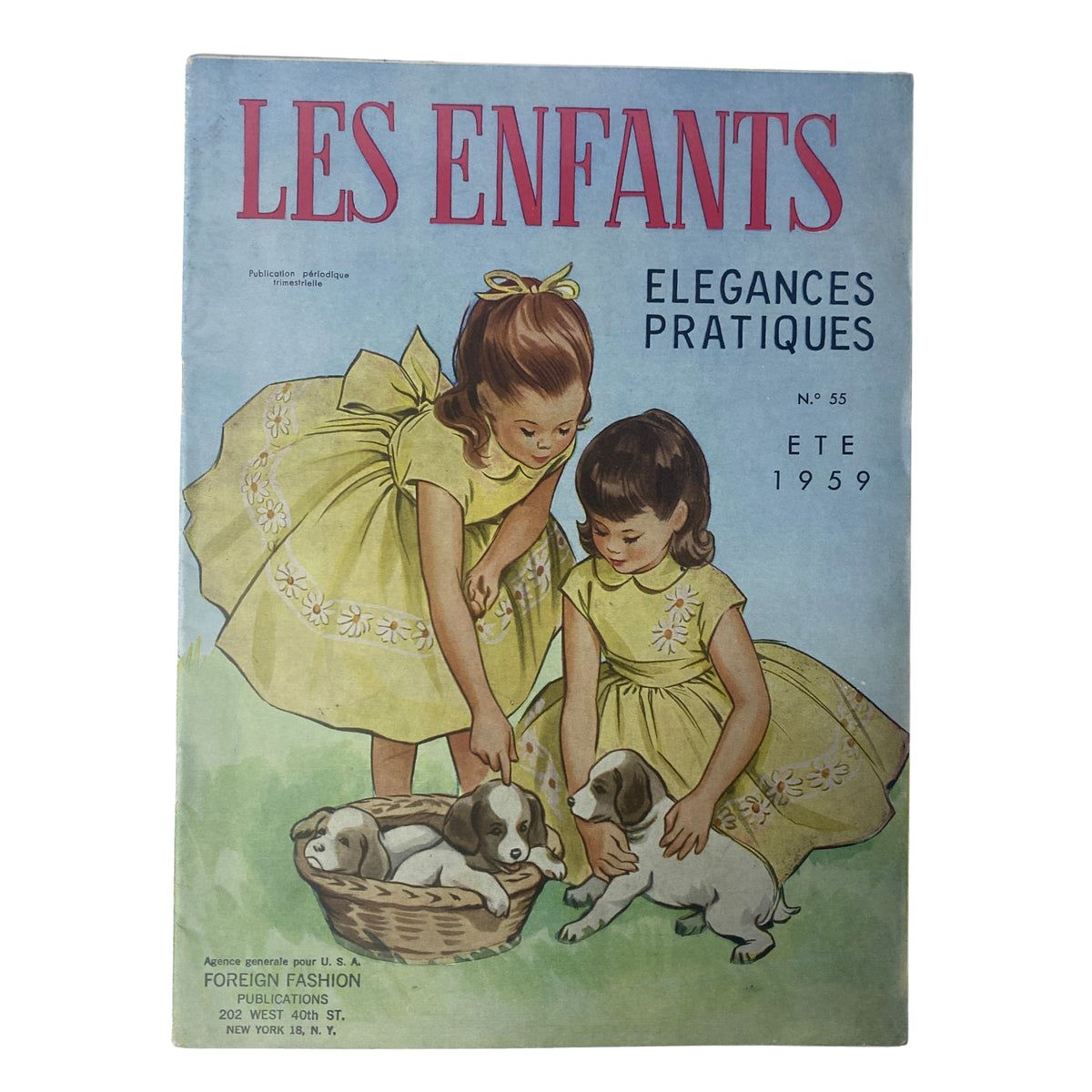 Cover of the 1959 No. 55 Les Enfants Elegances Pratiques Catalog featuring two children in yellow dresses with a puppy, showcasing vintage French children's fashion.