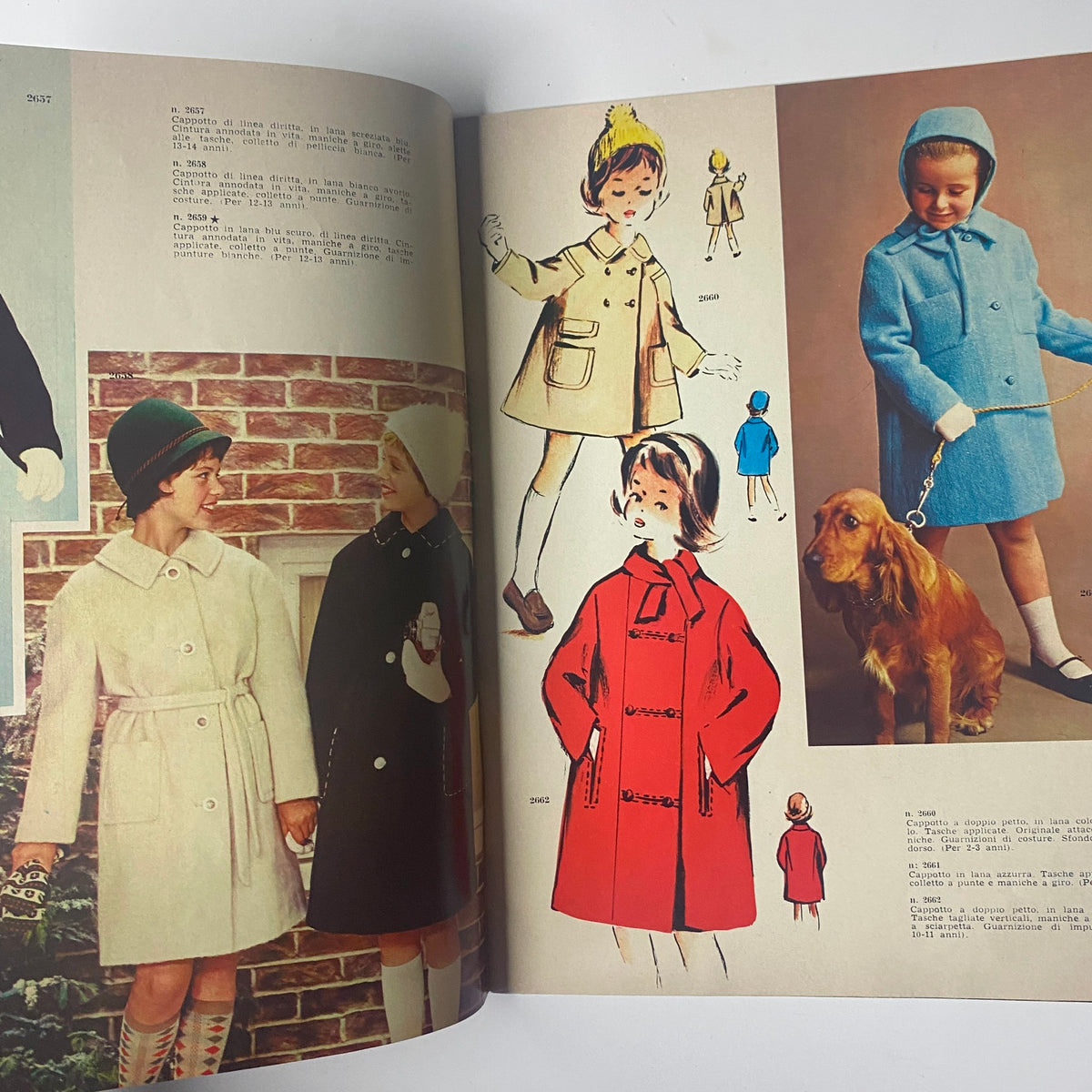 1962 La Moda Dei Bimbi Autumn and Winter Catalog interior page showcasing various coat designs for children, highlighting fashion illustrations and real-life models in winter attire.