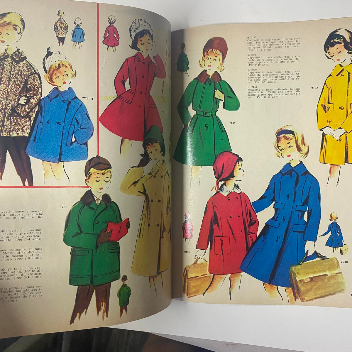1962 La Moda Dei Bimbi Autumn and Winter Catalog showcasing a collection of children's outerwear. The image includes boys and girls wearing colorful coats in various styles, highlighting the fashion trends of the era.
