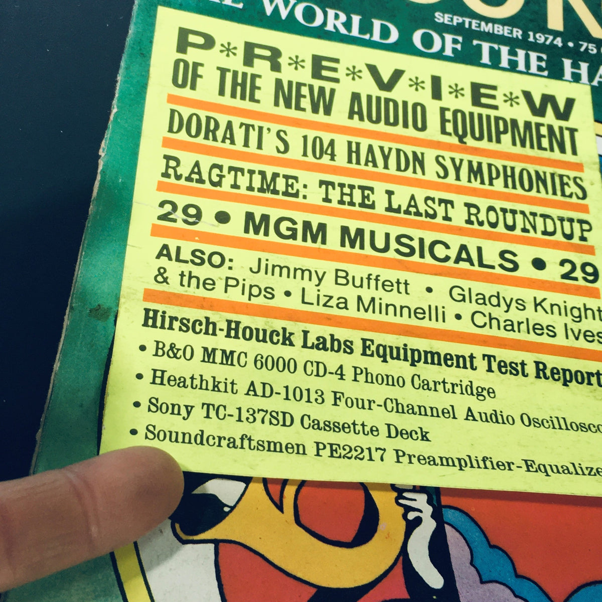 Detailed view of the cover of VTG Stereo Review Magazine September 1974 showcasing 'The World of The Haydn Symphony,' highlighted audio equipment previews, and notable artists like Jimmy Buffett and Liza Minnelli.