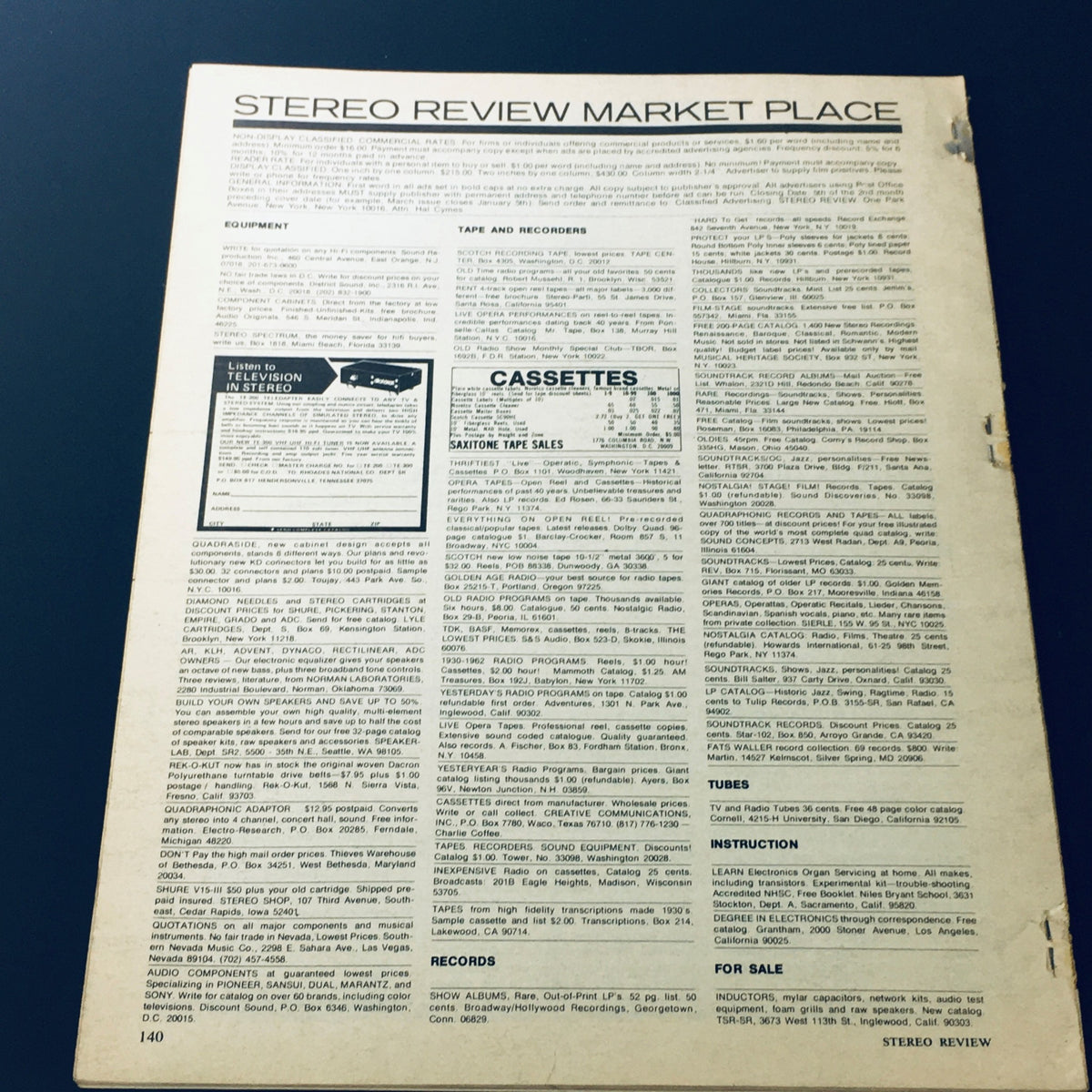 Back page of VTG Stereo Review Magazine September 1974 featuring advertisements and listings for audio equipment, records, and tapes in the market place section. An essential resource for audiophiles and collectors of vintage music media.