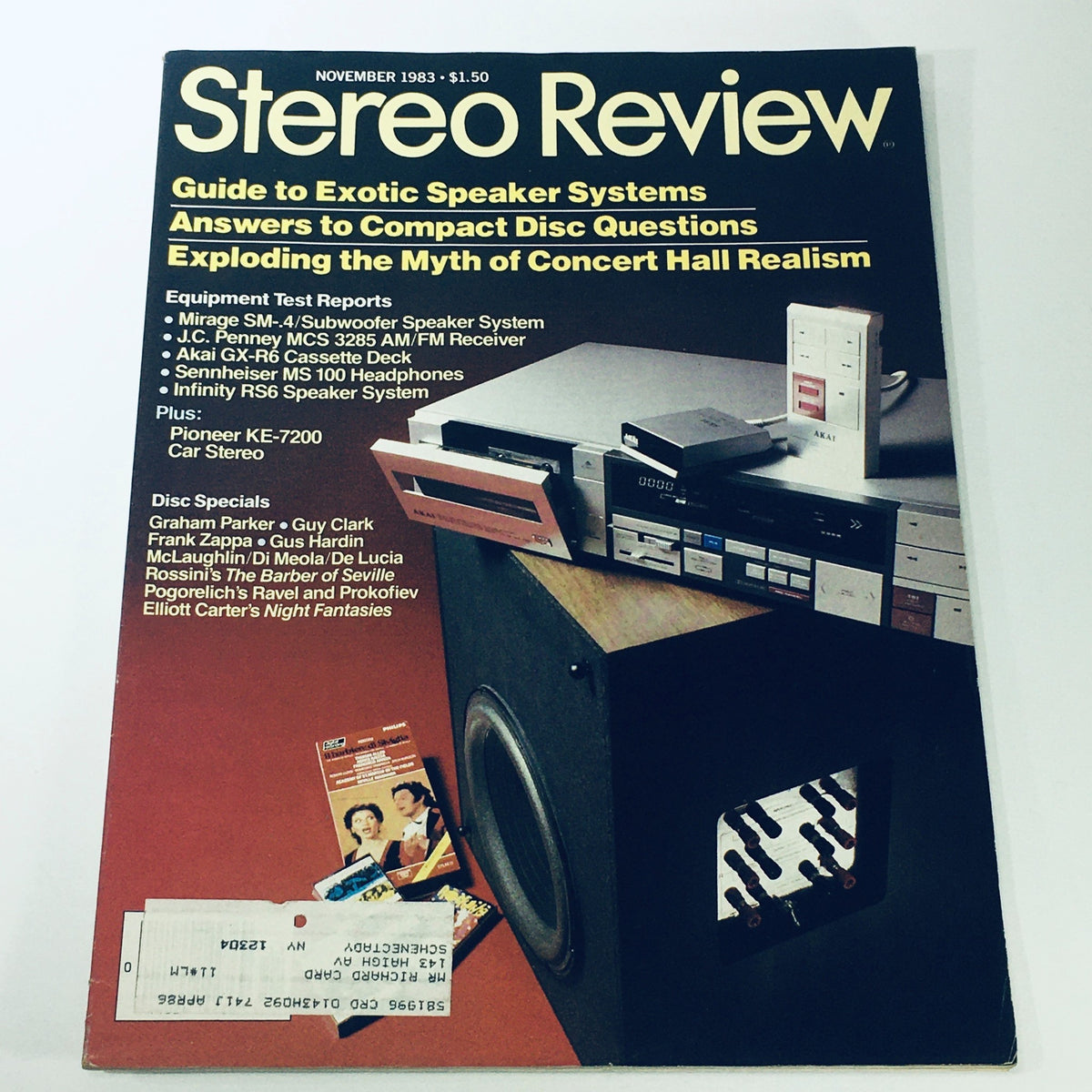 Cover of the VTG Stereo Review Magazine from November 1983 featuring Graham Parker and Guy Clark, showcasing audio equipment reviews, and music articles.