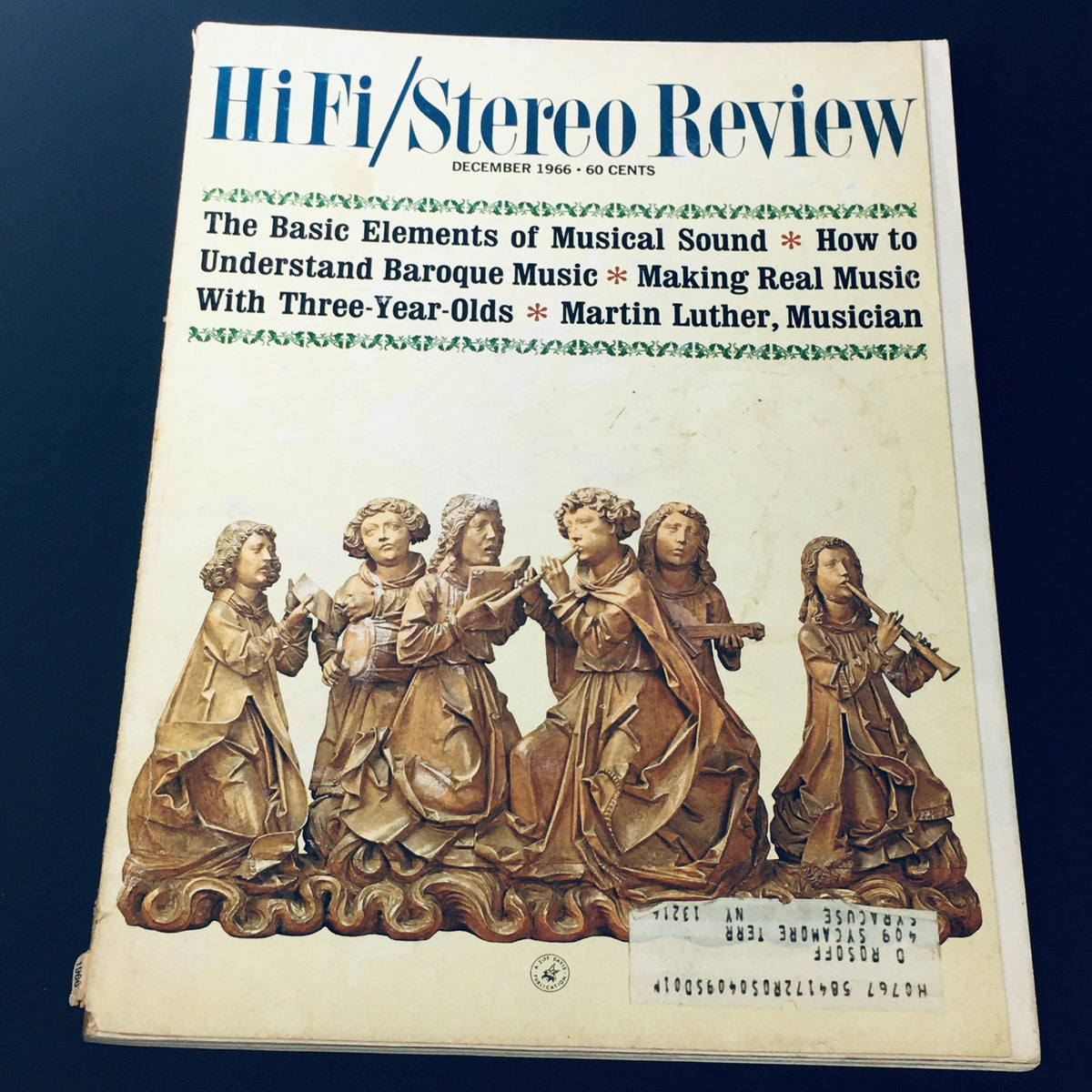 Cover of VTG HiFi Stereo Review December 1966 featuring articles on musical sound elements and Baroque music, showcasing an artistic depiction of musicians.