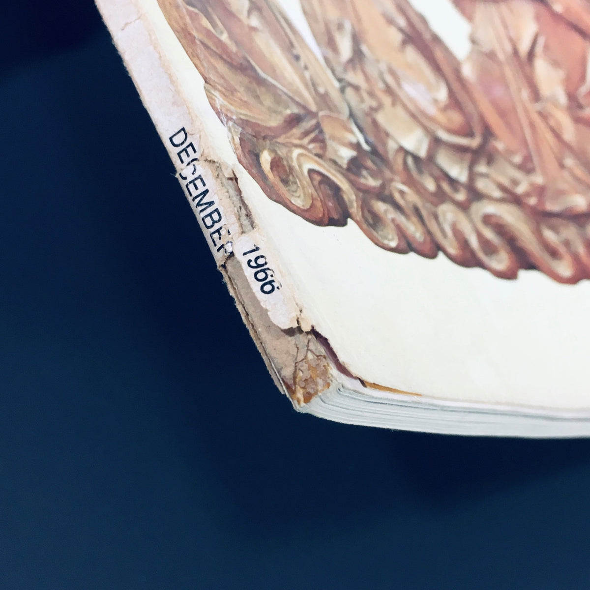 Close-up view of the damaged spine of the VTG HiFi Stereo Review December 1966 magazine, showcasing the publication month and year, highlighting its vintage character and significance in music history.