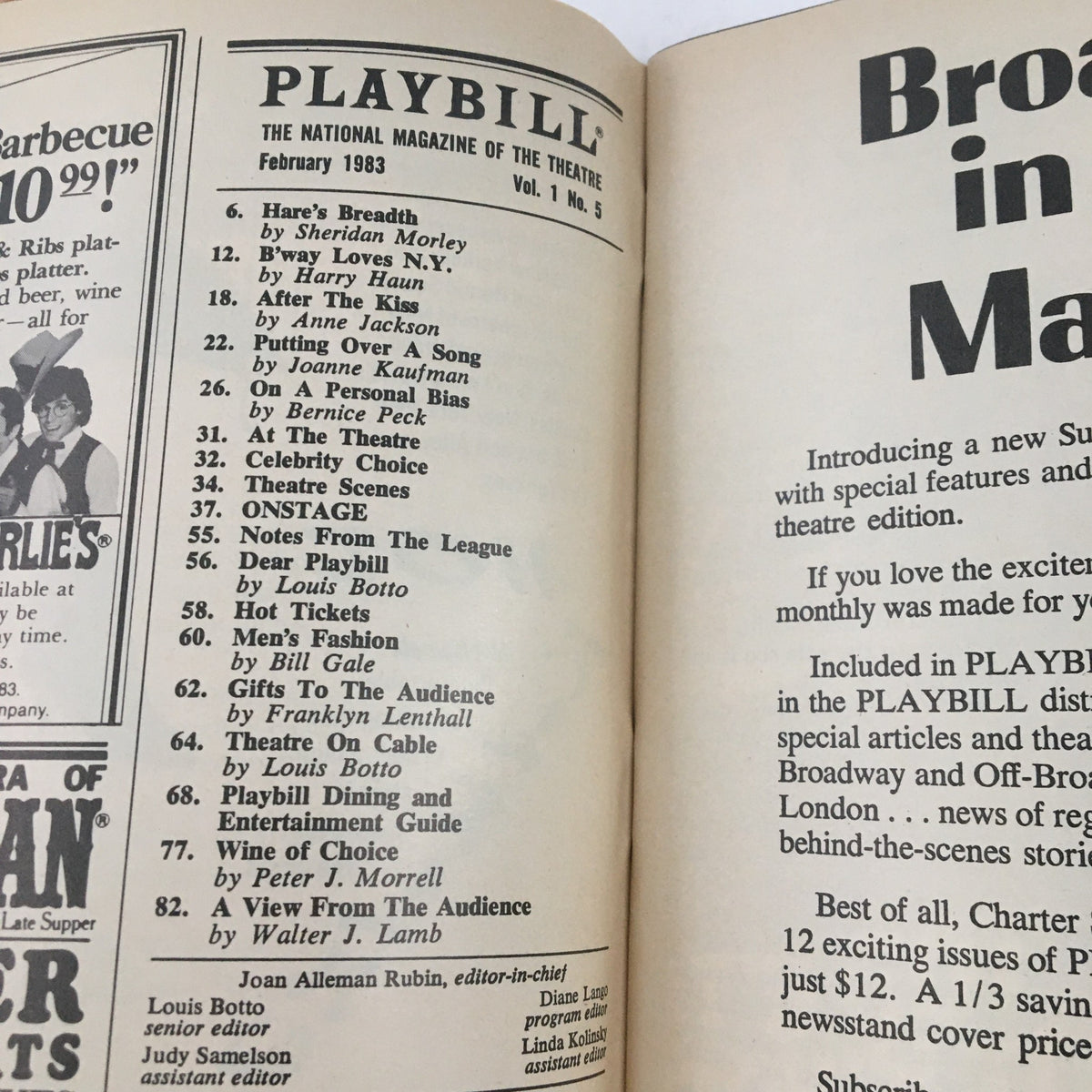 Interior page of the 1983 Playbill for Agnes of God, showcasing the table of contents for the February issue of the National Magazine of the Theatre.