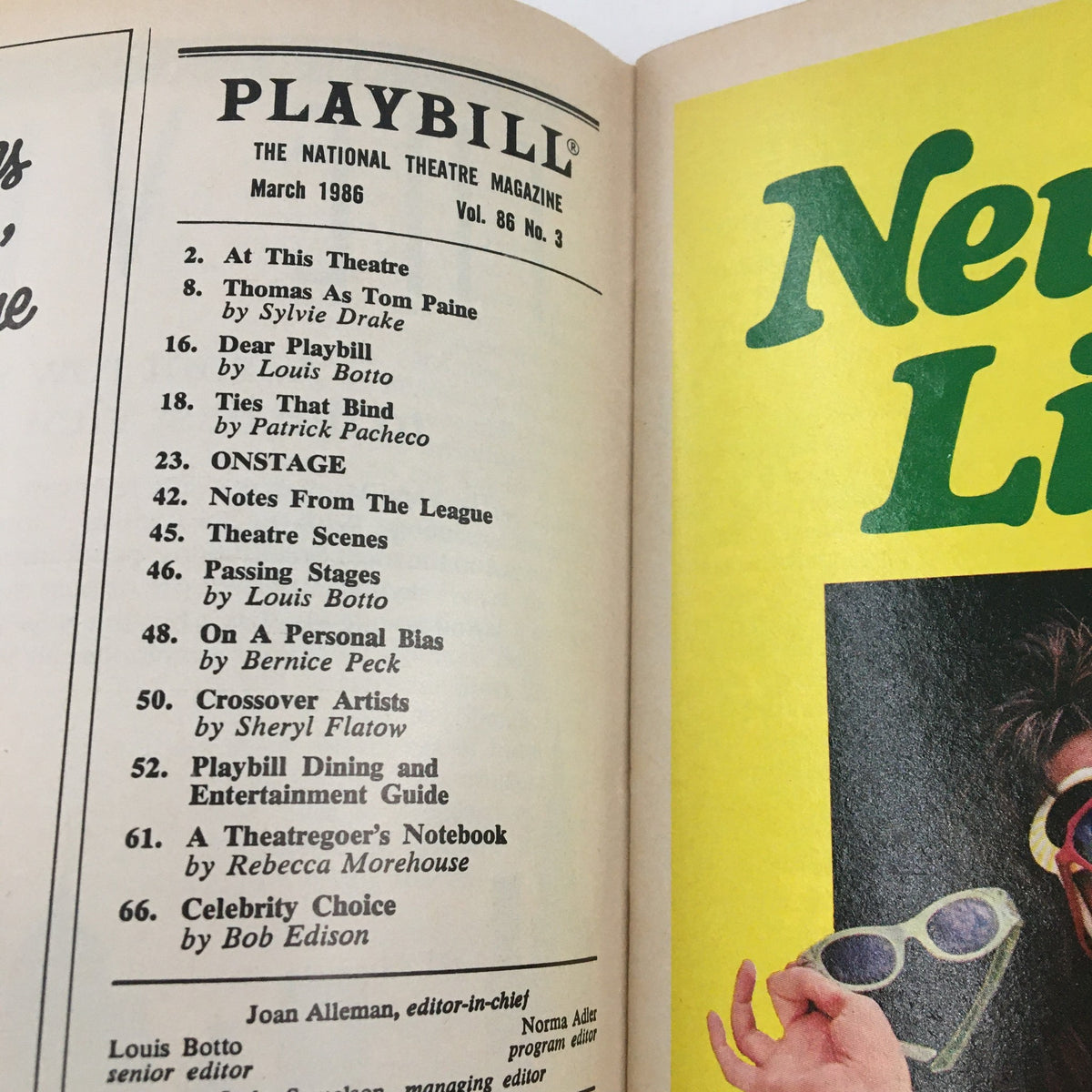 1986 Playbill for The Mystery of Edwin Drood featuring detailed contents page, highlighting additional articles from The National Theatre Magazine.