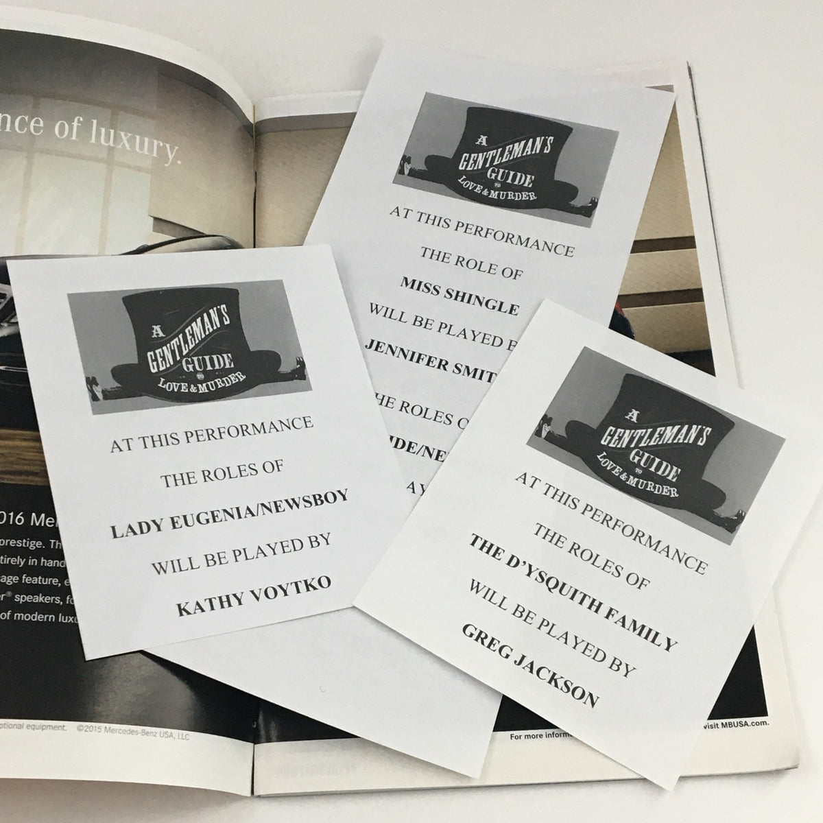 2015 Playbill performance cards for A Gentleman's Guide to Love & Murder highlighting cast roles at the Walter Kerr Theatre.