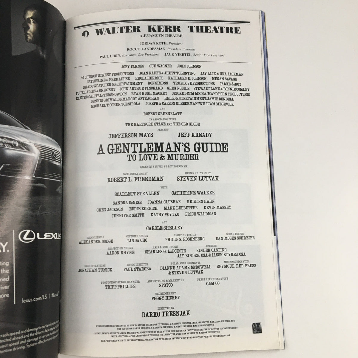 Inside page of the Playbill for A Gentleman's Guide to Love & Murder detailing cast and crew at the Walter Kerr Theatre.