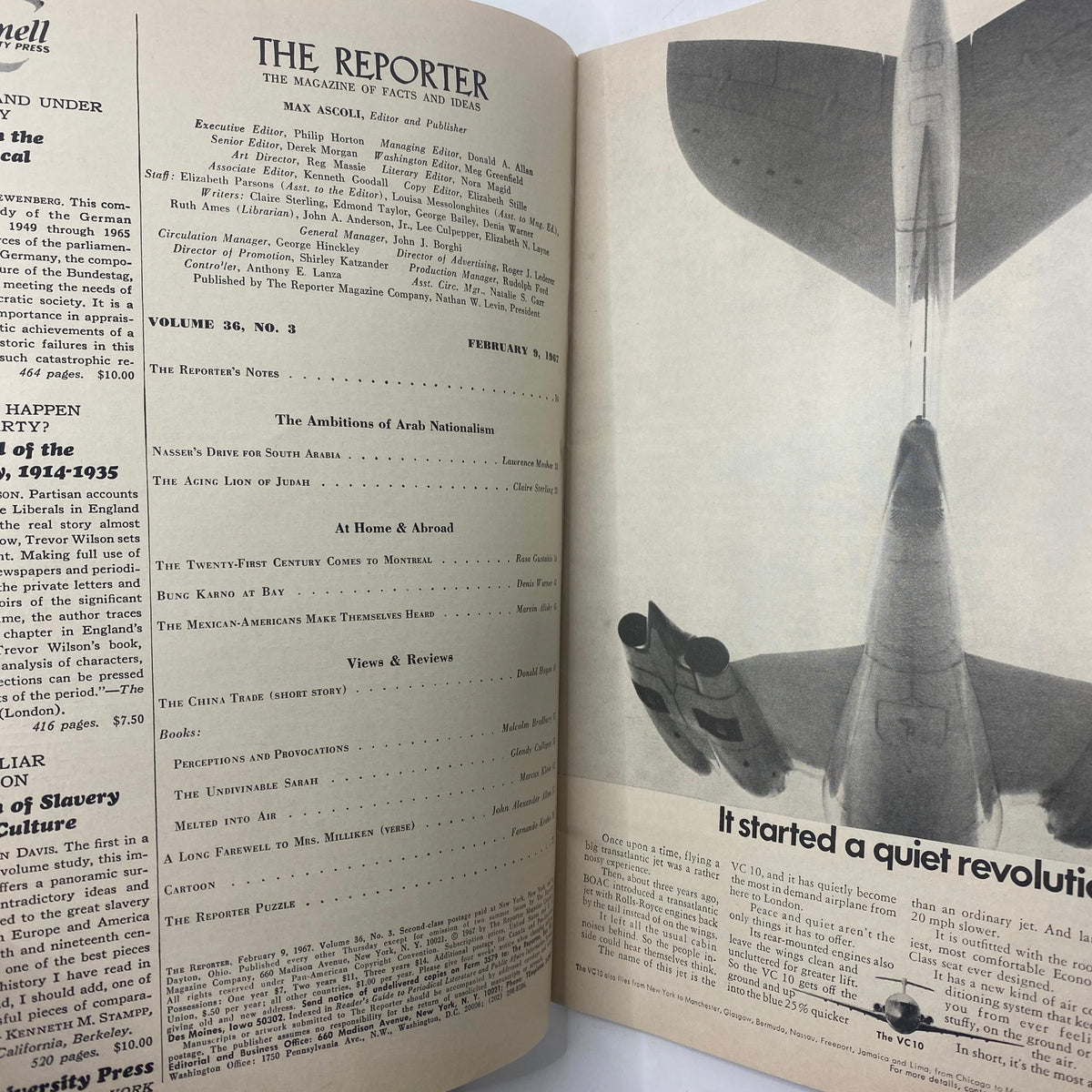 Interior page of the VTG The Reporter Magazine from February 9, 1967, displaying the table of contents with an article on 'The Ambitions of Arab Nationalism'.