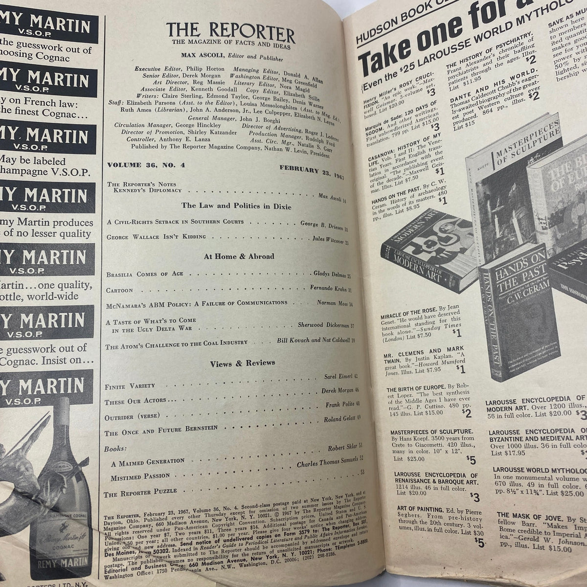 Interior pages of 'VTG The Reporter Magazine February 23 1967' displaying the table of contents and articles, offering insights into cultural developments in Brasilia and the 1960s.