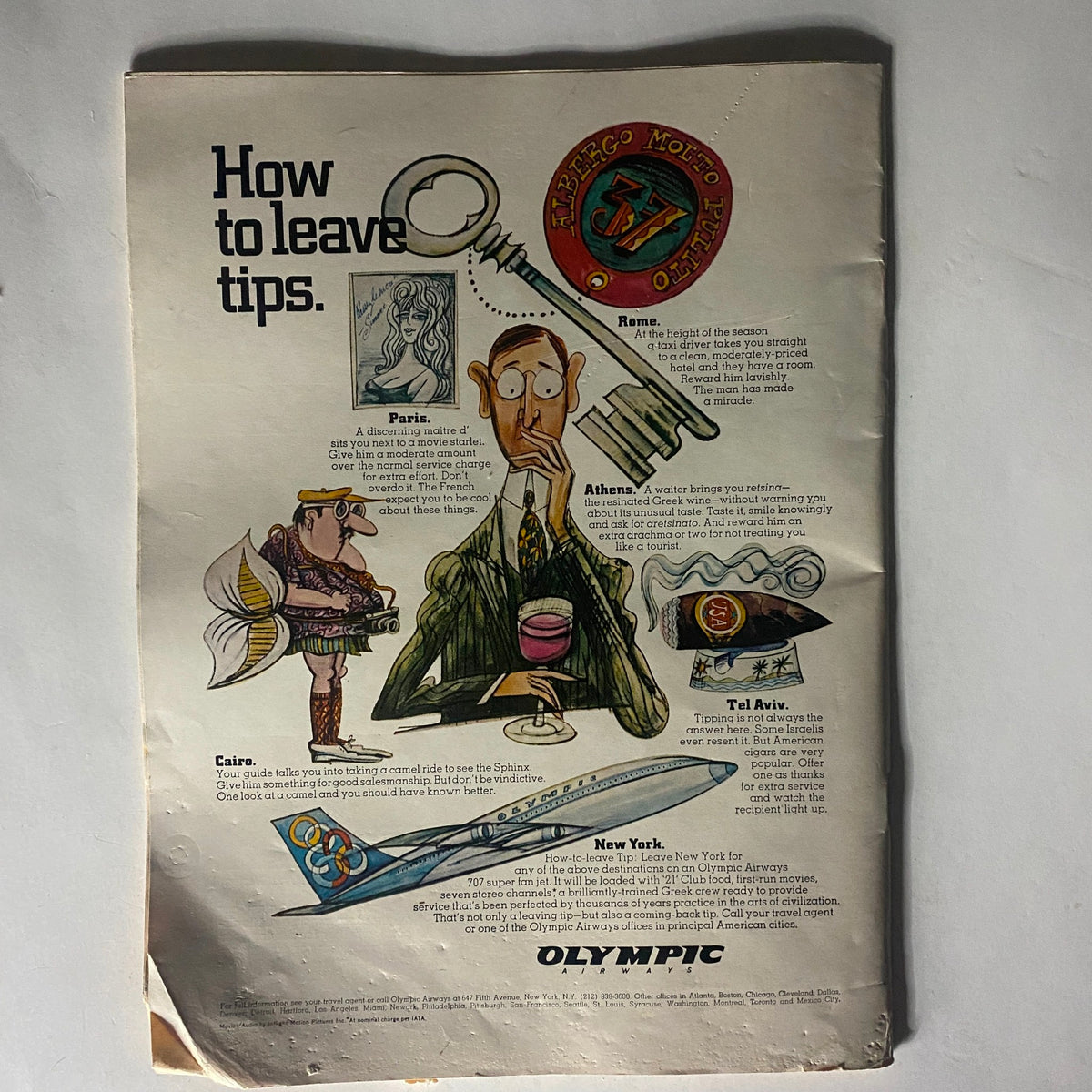 Advertisement page from 'VTG The Reporter Magazine February 23 1967', illustrating humorous tips on leaving gratuities while traveling, reflecting social humor of the era.