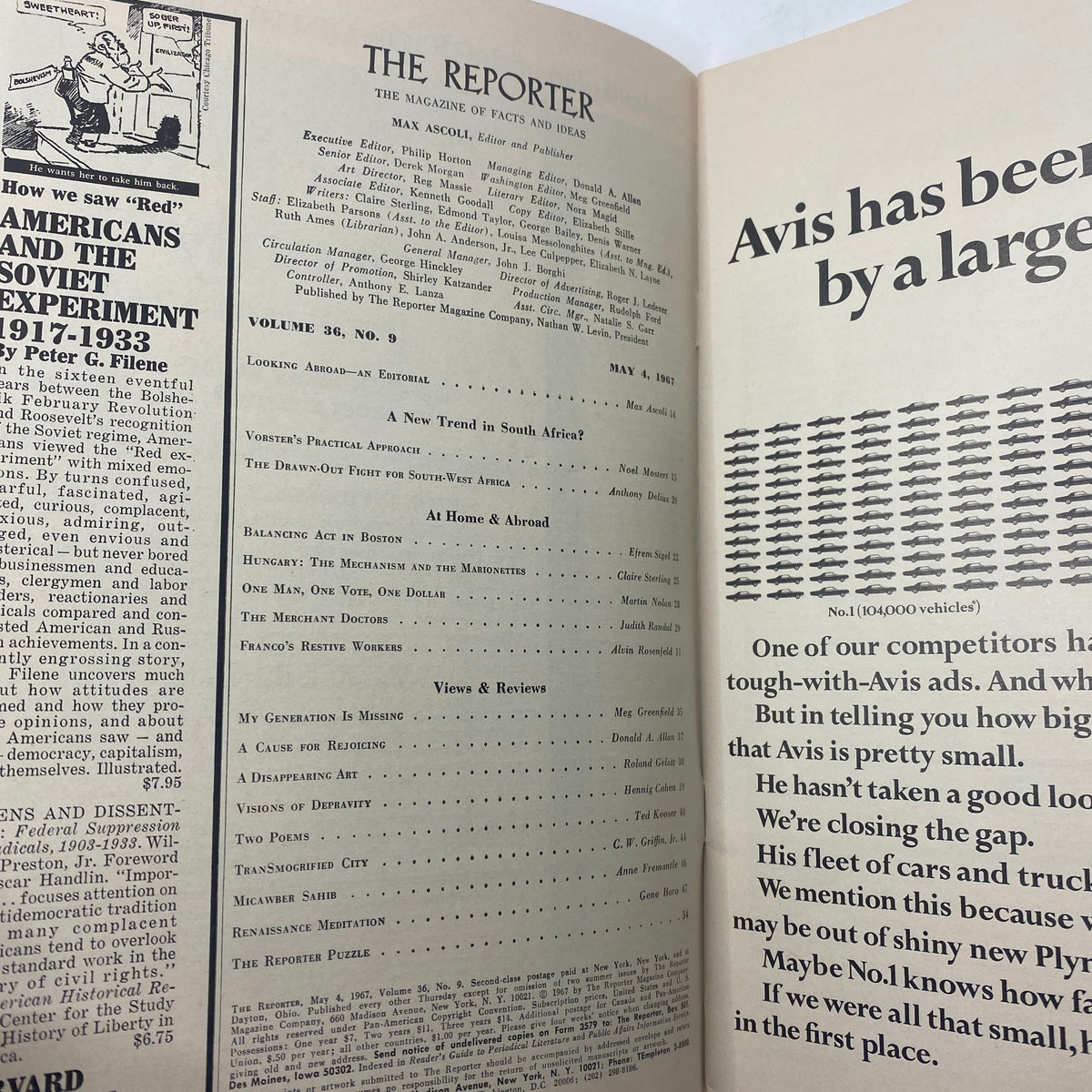 Inside view of the VTG The Reporter Magazine from May 4, 1967, showcasing the table of contents and articles related to South Africa's socio-political changes.
