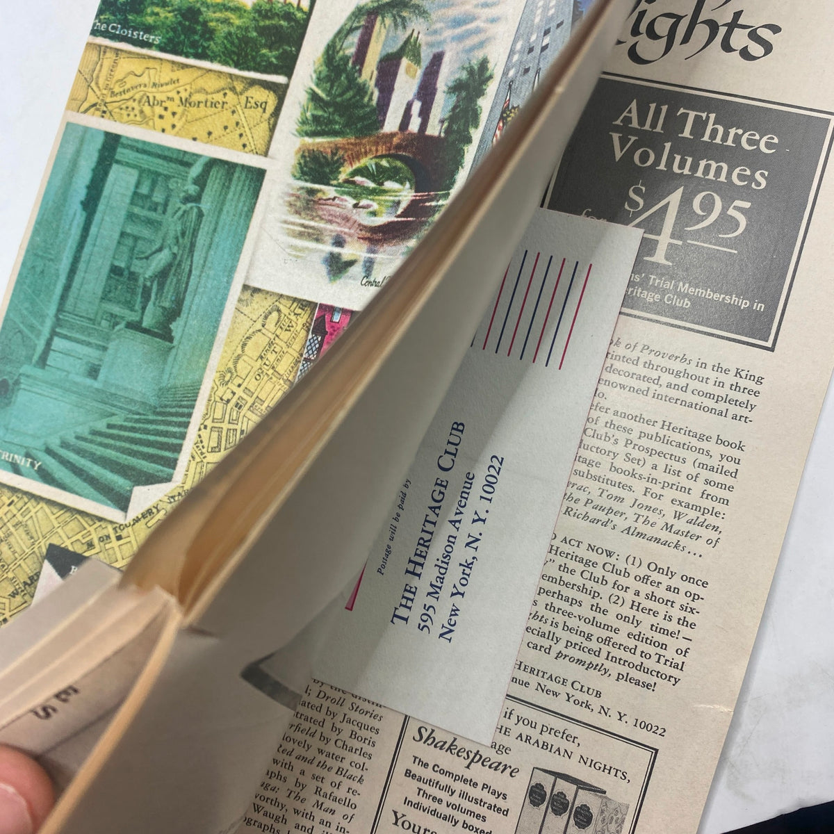Interior view of VTG The Reporter Magazine from November 17, 1966, showing pages with colorful postcard images and subscription information for The Heritage Club.