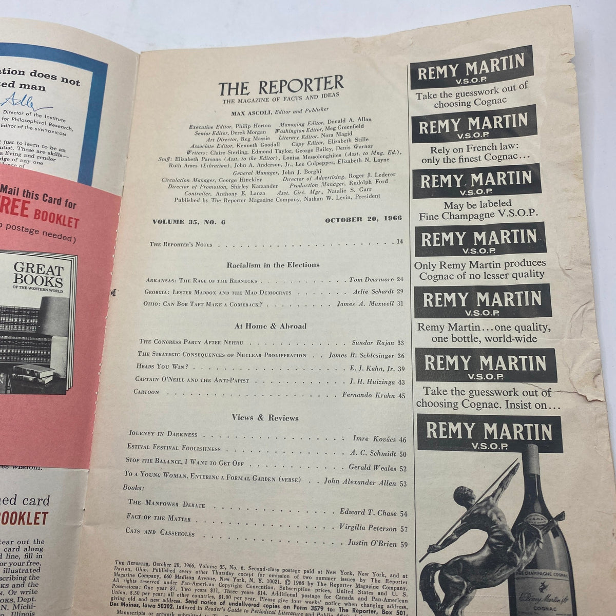 Inside page of VTG The Reporter Magazine, October 20, 1966, displaying the title page and contents including 'Racialism in the Elections' article.