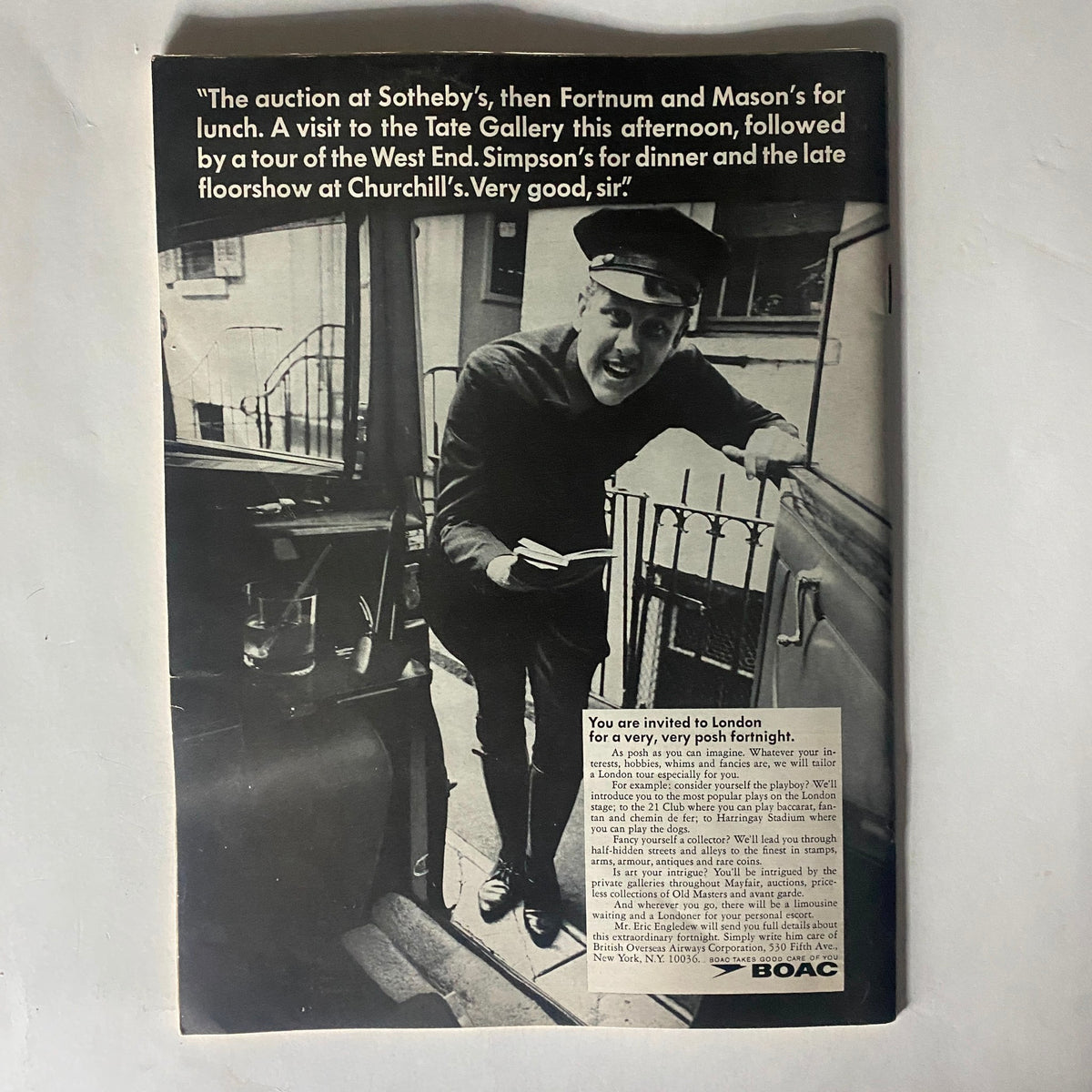 Vintage advertisement from VTG The Reporter Magazine October 20, 1966, showcasing a lively scene with a man in a chauffeur's hat outside a car inviting readers to a posh tour in London, highlighting auction visits and dining experiences.