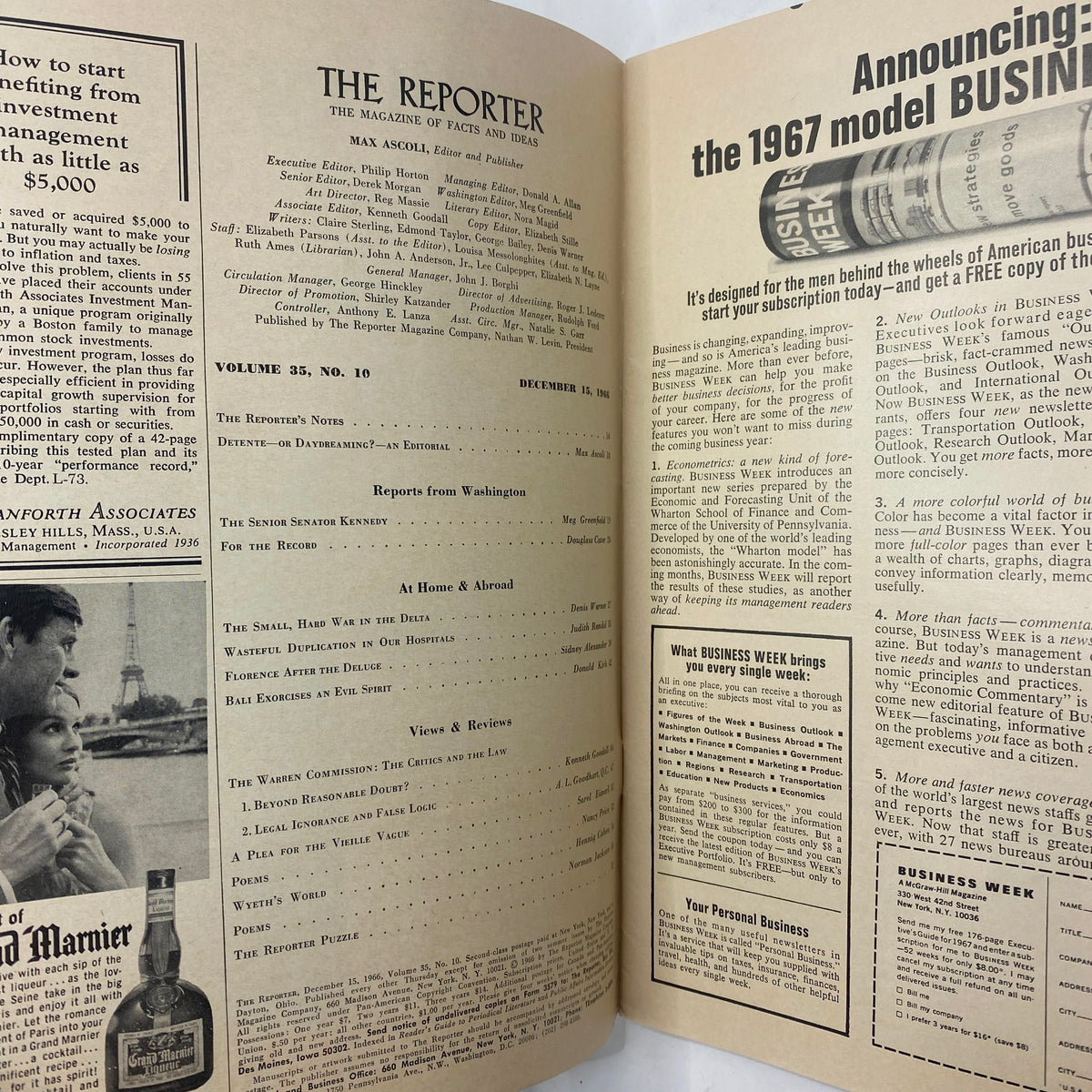 Interior page of VTG The Reporter Magazine December 15 1966 featuring editorial and article layout, including content about The Senior Senator Kennedy.