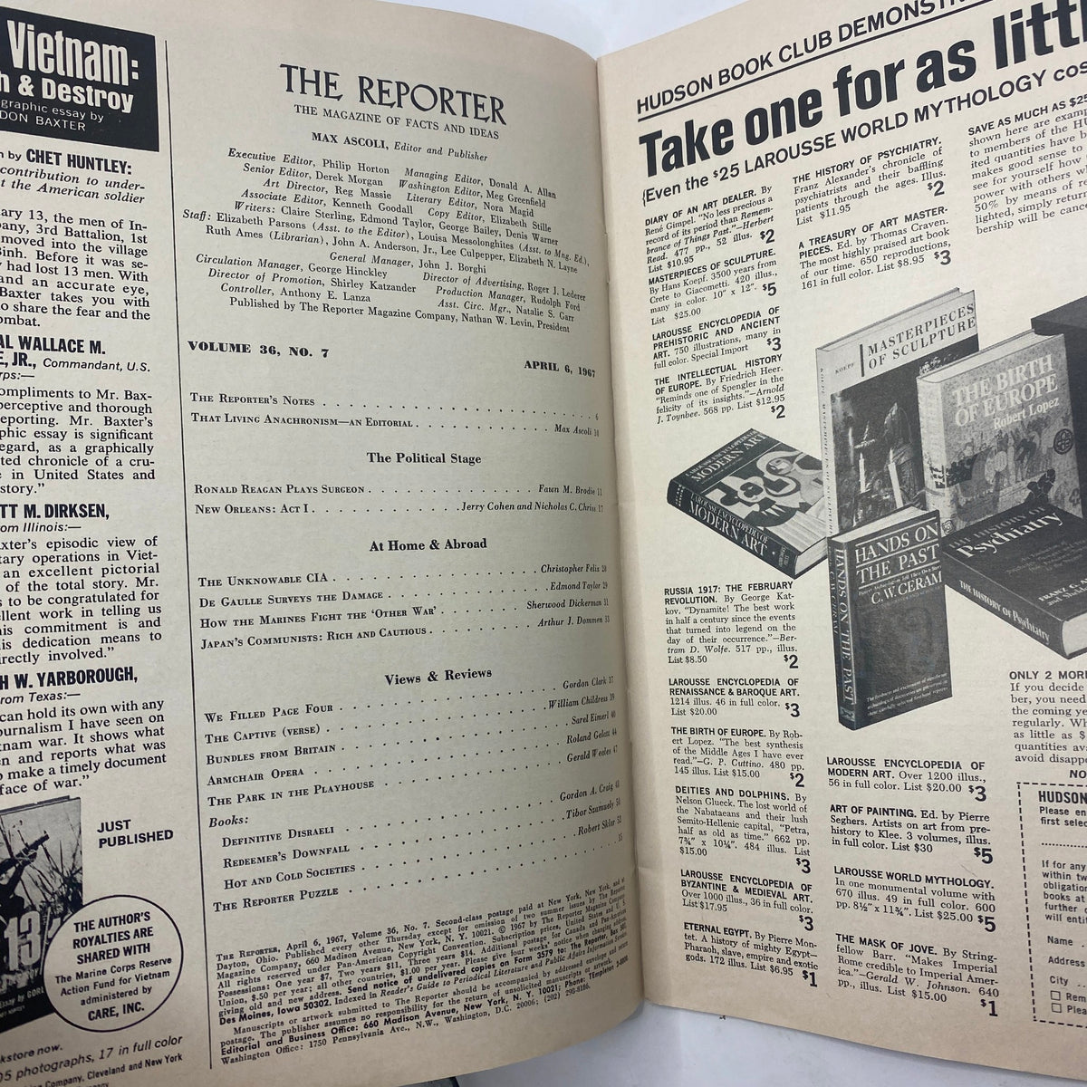 Inside pages of VTG The Reporter Magazine April 6 1967, featuring table of contents and articles including Ronald Reagan Plays Surgeon.