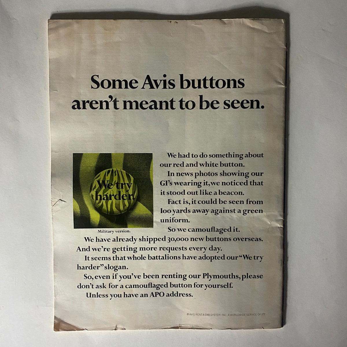 Advertisement page from VTG The Reporter Magazine September 7 1967 showcasing an Avis button campaign with a humorous message about visibility in military uniforms.