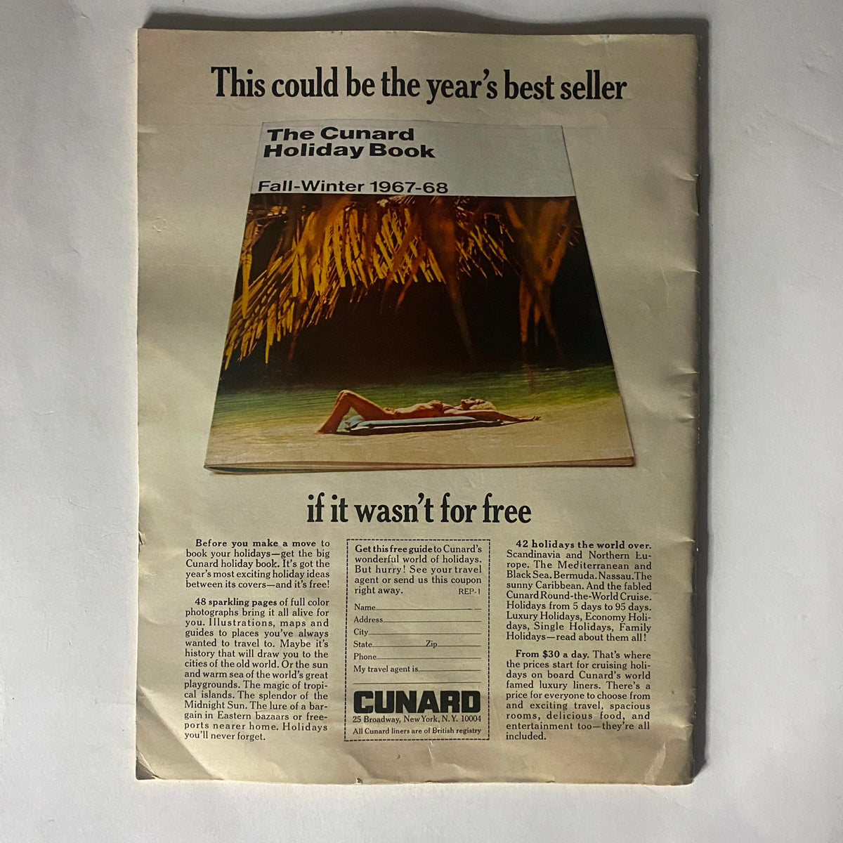 The Reporter Magazine May 18 1967 - The Pitfalls of Guaranteed Income, showcasing an advertisement for The Cunard Holiday Book Fall-Winter 1967-68, illustrating holiday travel options.
