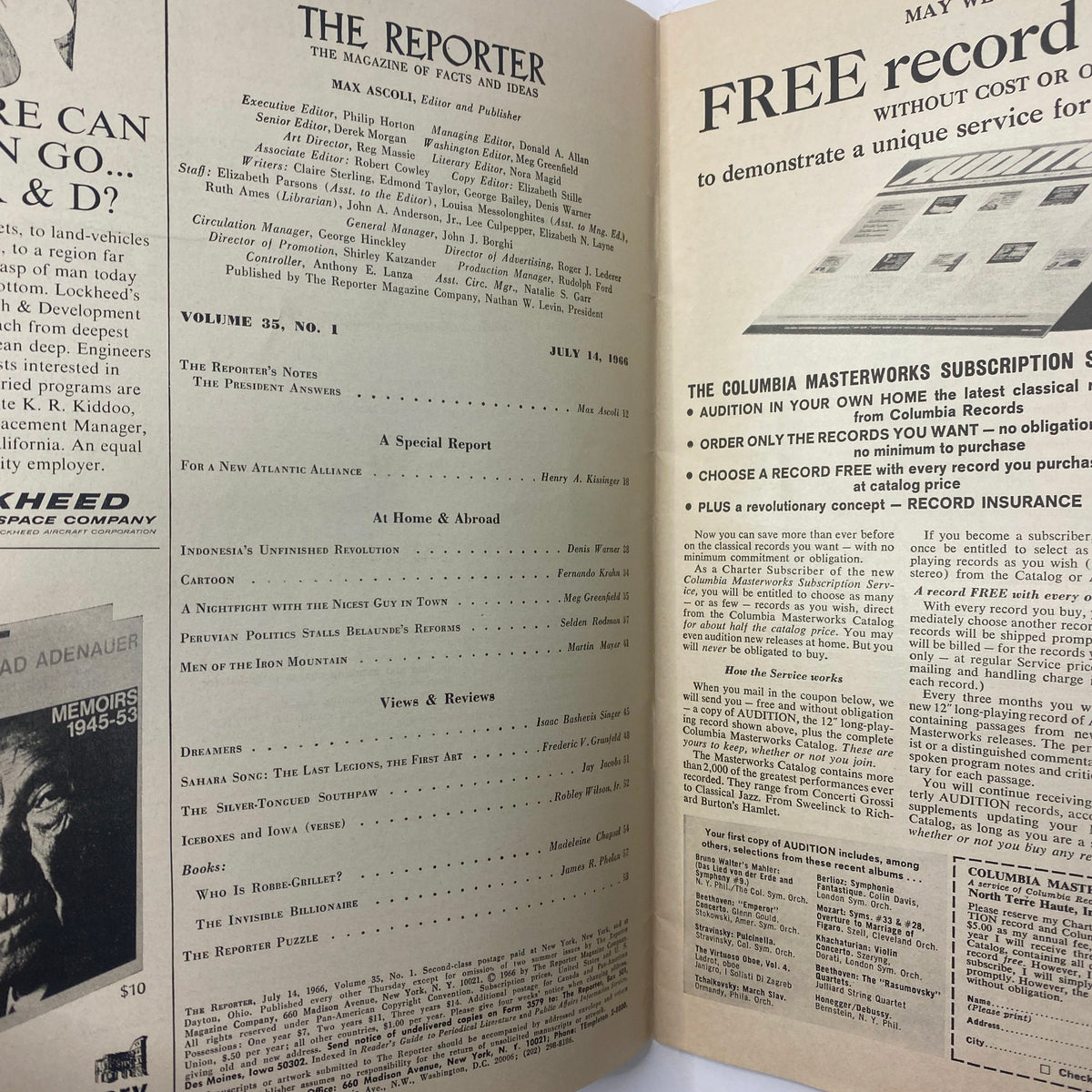 Inside page of The Reporter Magazine July 14 1966 showing the table of contents, including sections on 'For a New Atlantic Alliance' and 'Indonesia's Unfinished Revolution'.