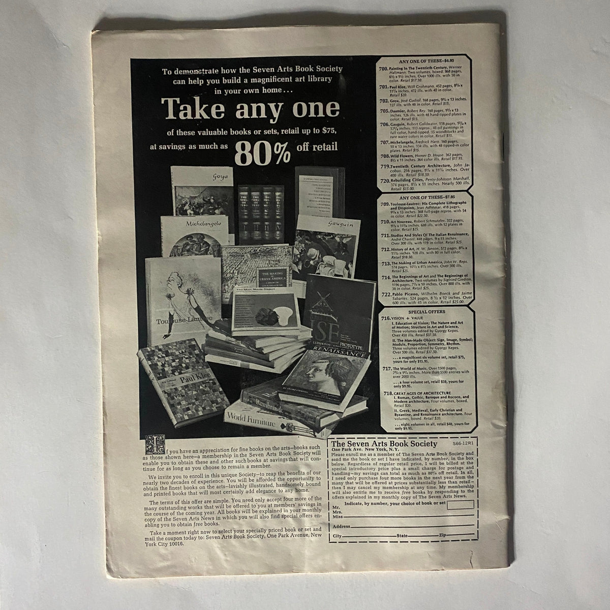 Back cover of VTG The Reporter Magazine December 29, 1966, showcasing an advertisement for the Seven Arts Book Society and its book offers.