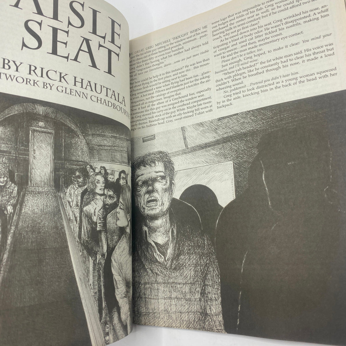 Illustrated interior page from Cemetery Dance Magazine December 2012 #68, featuring the story 'Aisle Seat' by Rick Hautala with artwork by Glenn Chadbourne.