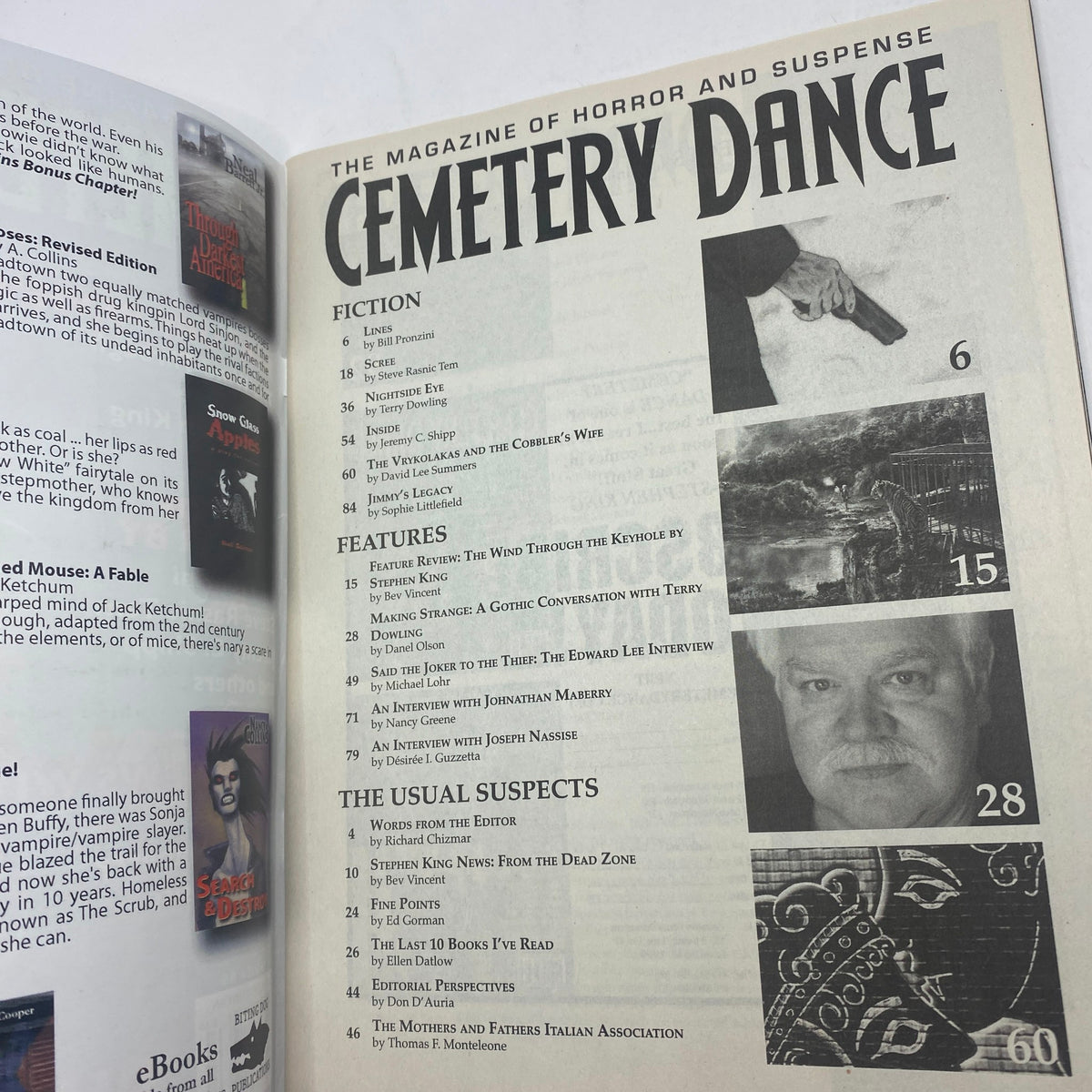 Cemetery Dance Magazine April 2012, issue #66, featuring the table of contents highlighting fiction and features, including works by Bill Pronzini.