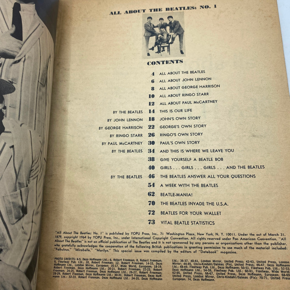 Contents page from the VTG 1964 All About The Beatles 'This is Our Life' magazine, featuring article titles and authors related to The Beatles.