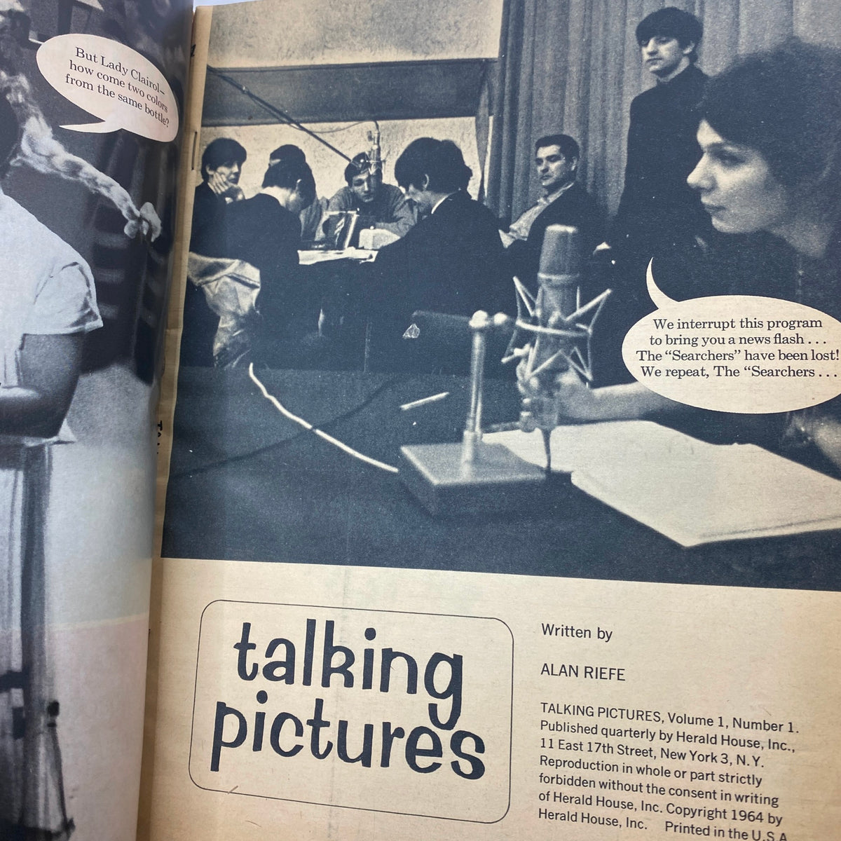 Inside vintage Talking Pictures Magazine 1964 Special Beatles Issue, featuring a black and white image of individuals speaking at a table with a microphone.