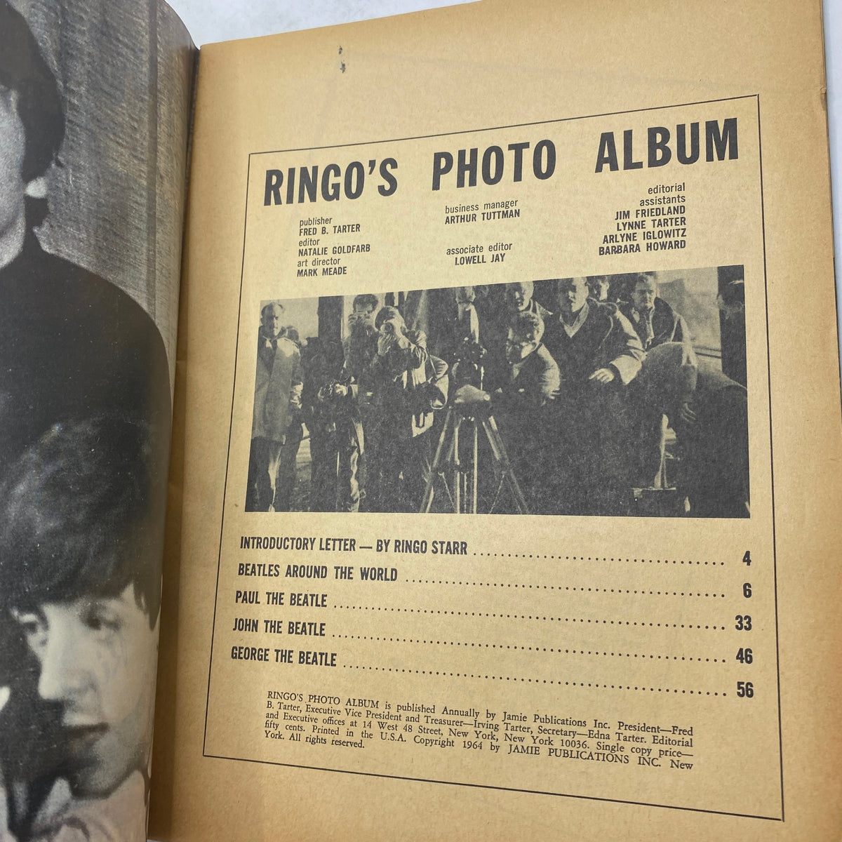 Inside page of VTG 1964 Ringo's Photo Album, displaying the table of contents with features on The Beatles, including contributions by Ringo Starr.