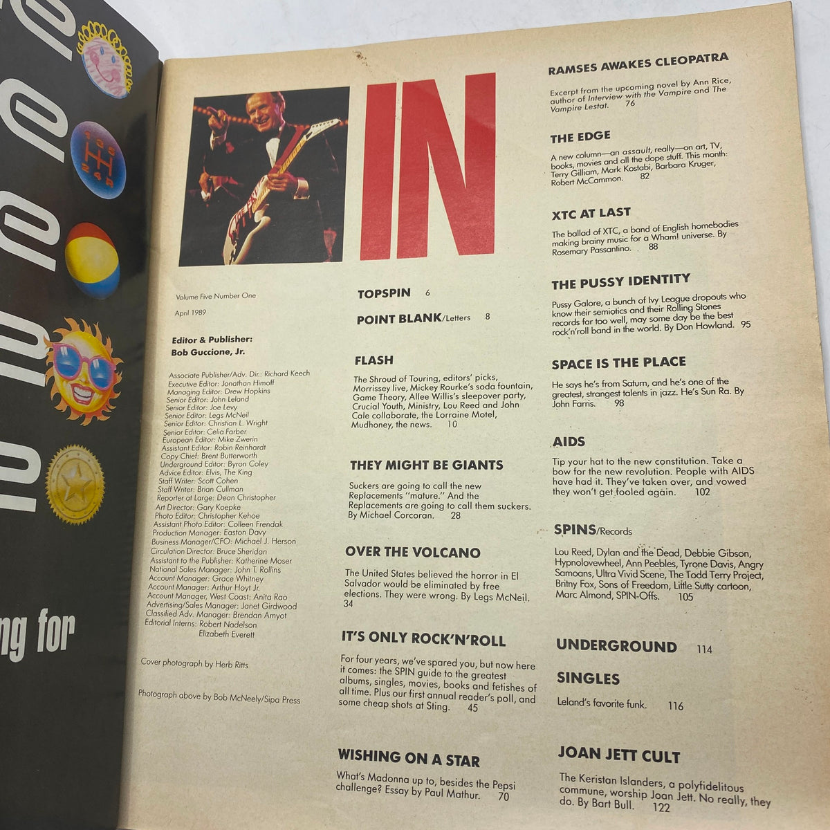 Inside page of VTG Spin Magazine April 1989 showing content listings including various artists and features, with a focus on music culture from the 1980s.