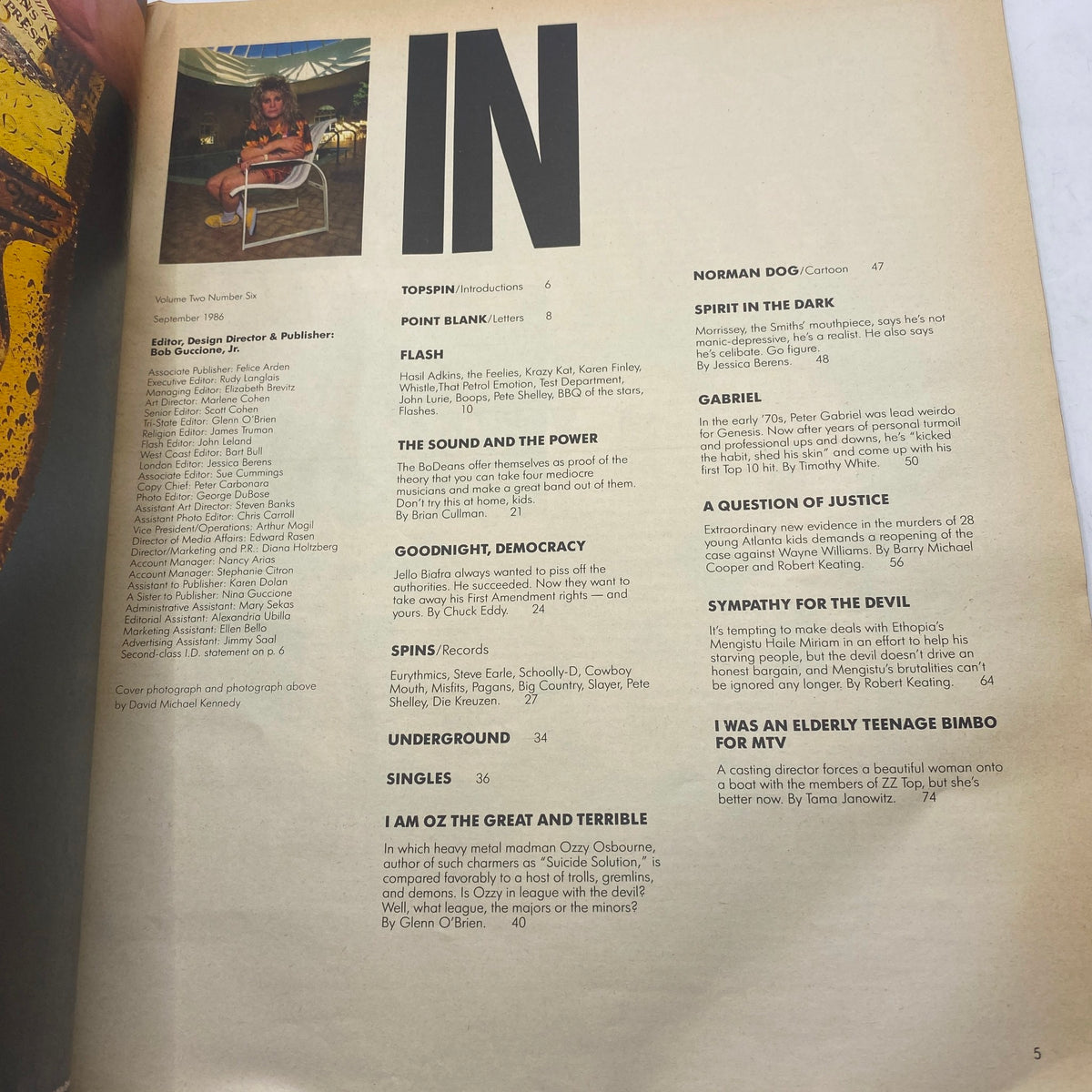 Inside page of the September 1986 issue of Spin Magazine, showcasing a table of contents that includes notable artists and articles during the 1980s rock scene, with a specific mention of Ozzy Osbourne.