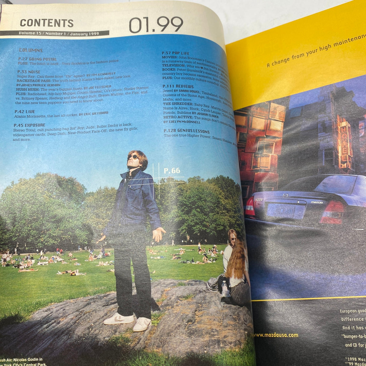 Interior page of Spin Magazine January 1999, featuring the table of contents with segments on notable music figures and events, highlighting the magazine's coverage of the late '90s music scene.