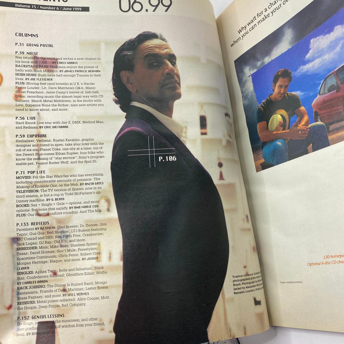Inside pages of Spin Magazine June 1999 Vol 15 No. 6 featuring columns and articles on music trends, including a profile of Everlast. The image showcases the magazine's layout with topics such as 'Going Postal' and 'Pop Life' visible.