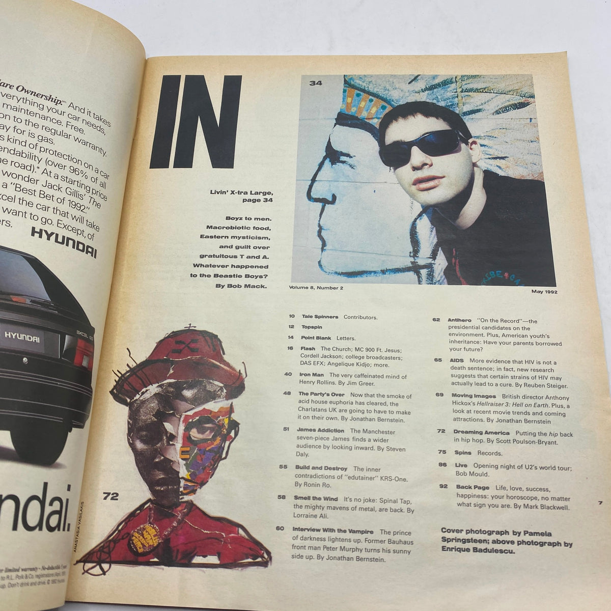 An interior page from Spin Magazine May 1992, Vol 8 No. 2, highlighting an article about the Beastie Boys, with artwork and graphical elements reflecting the era's culture.