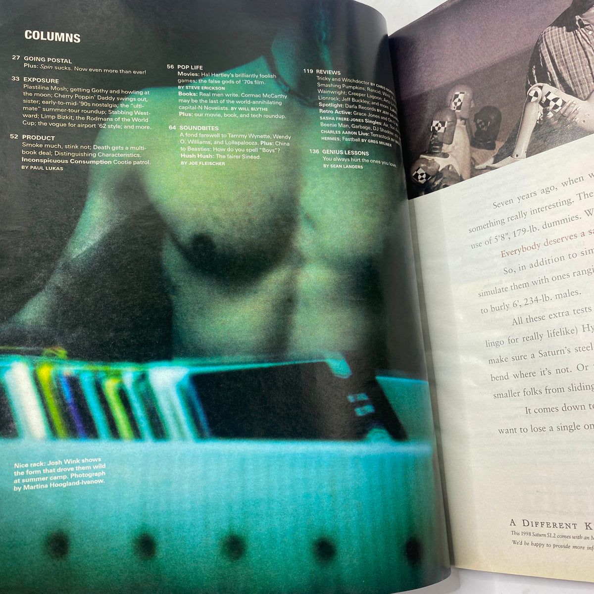 Interior page showcasing columns from the July 1998 issue of Spin Magazine, including references to popular culture and music of the late 1990s.