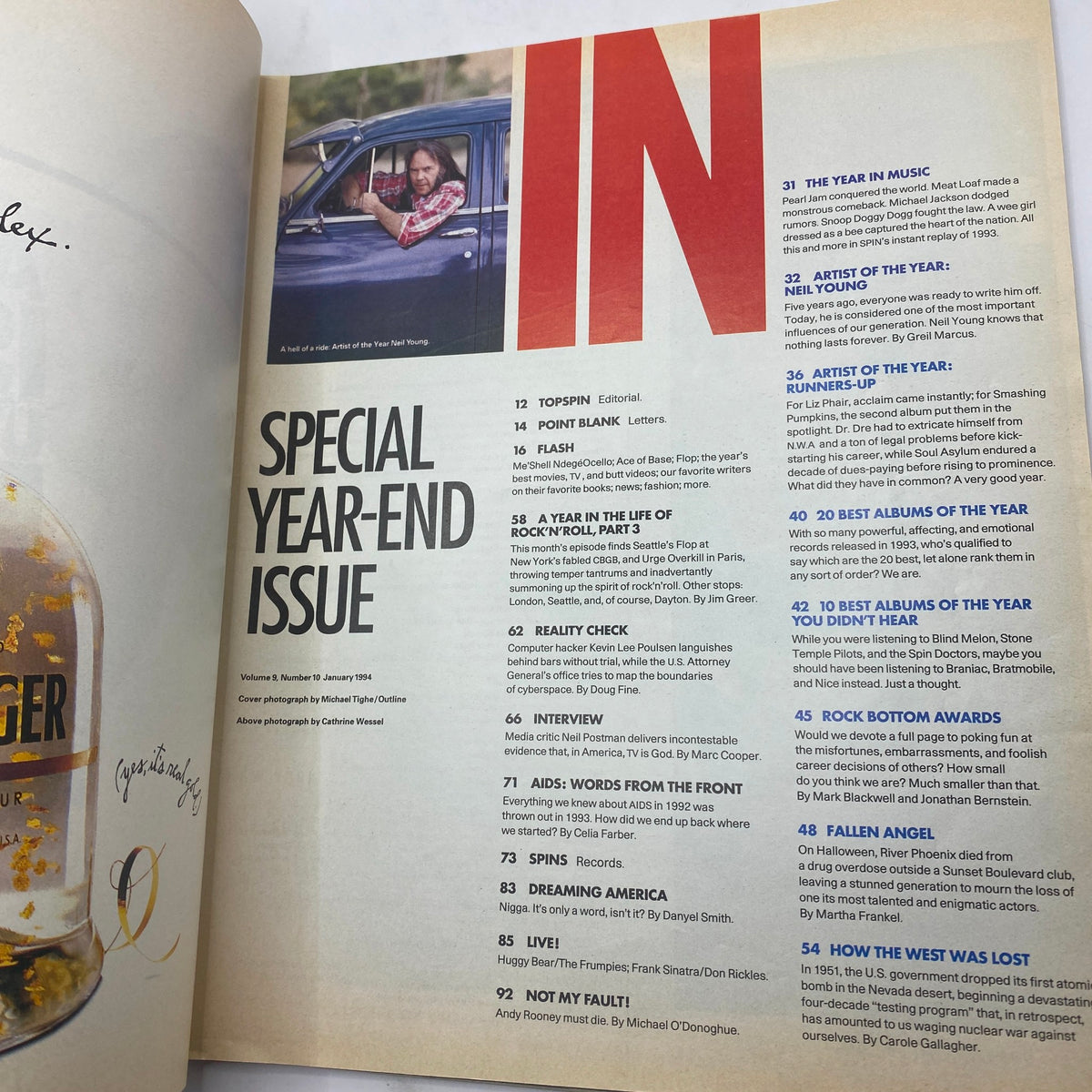 Interior page of Spin Magazine January 1994 Vol 9 No. 10 featuring the contents of the Special Year-End Issue, highlighting various articles and photographs.