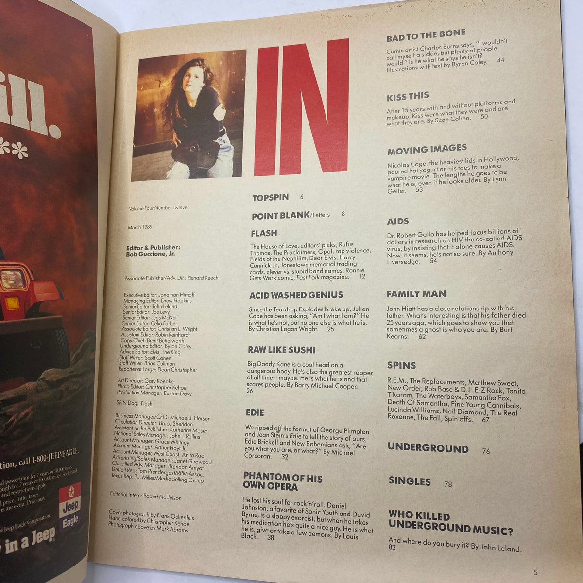 Interior page of VTG Spin Magazine March 1989 highlighting articles and sections including Edie Brickell, reflecting the music industry's landscape during that time.