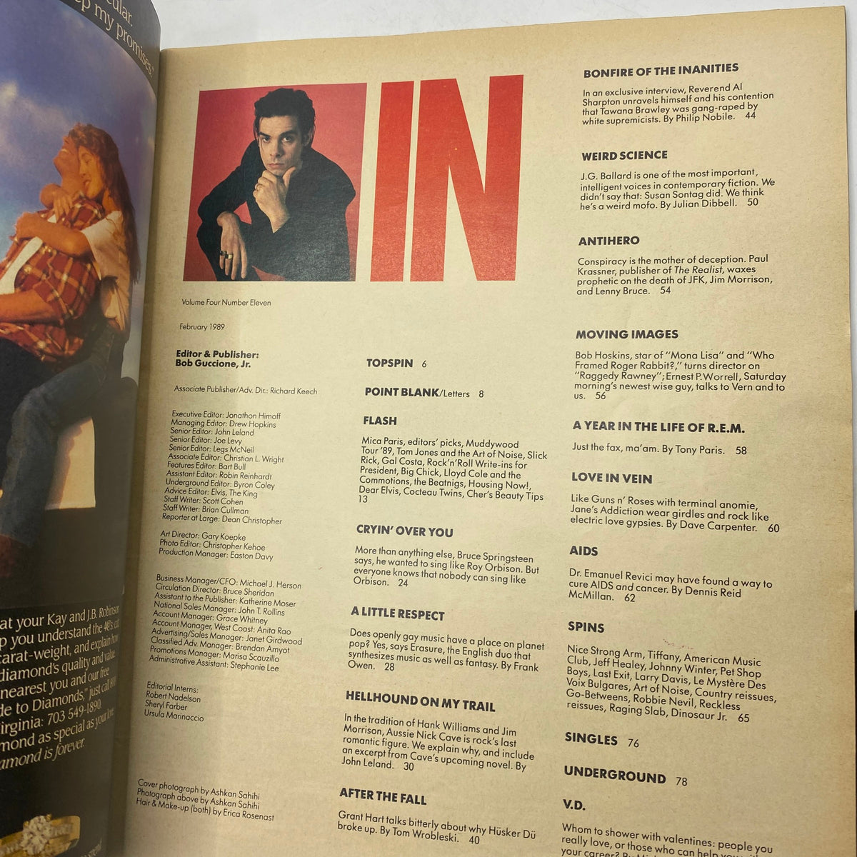Inside page of VTG Spin Magazine February 1989 displaying the editor's note and contents, showcasing articles related to music and cultural dynamics of the era.