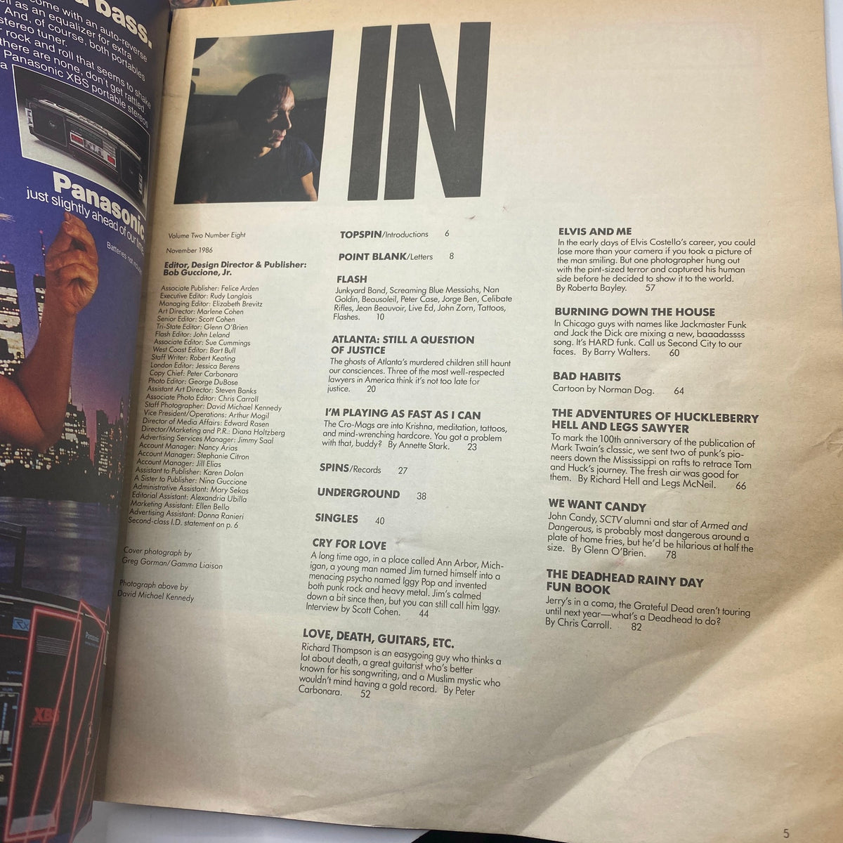 Interior page of VTG Spin Magazine, November 1986, Vol 2 No. 8 showing introductory sections and content details related to artists including Elvis Costello.