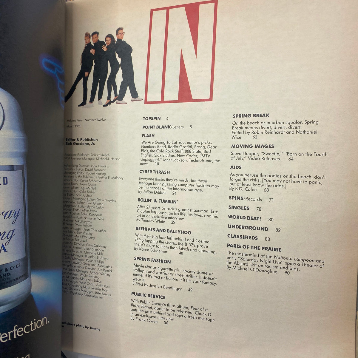 Interior page of Spin Magazine March 1990, Vol 5 No. 12 highlighting articles on the music scene, including features on Cyber Thrash and Public Enemy.