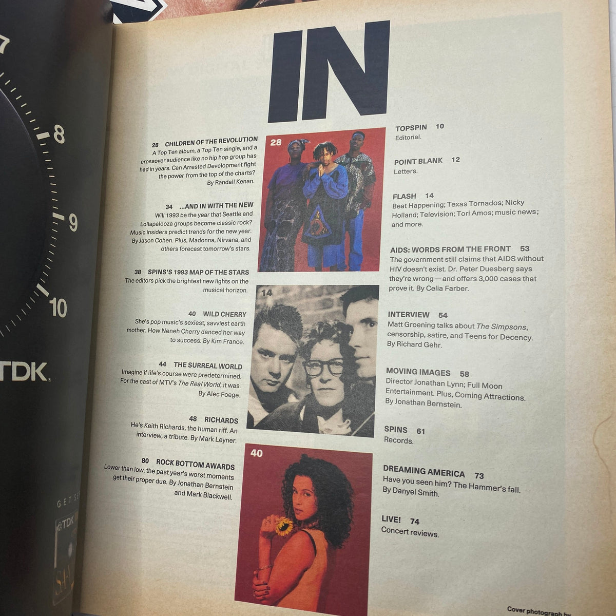 Inside page of Spin Magazine January 1993 featuring Arrested Development as the 'Hottest New Group', with articles highlighted in a vintage layout.