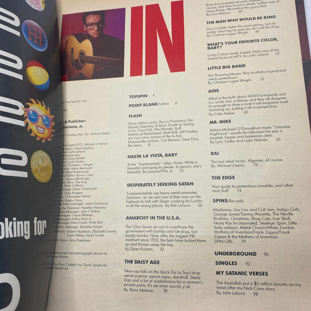 Inside page of VTG Spin Magazine May 1989 Vol 5 No. 2 displaying the contents section with articles including features on Elvis Costello and other artists.