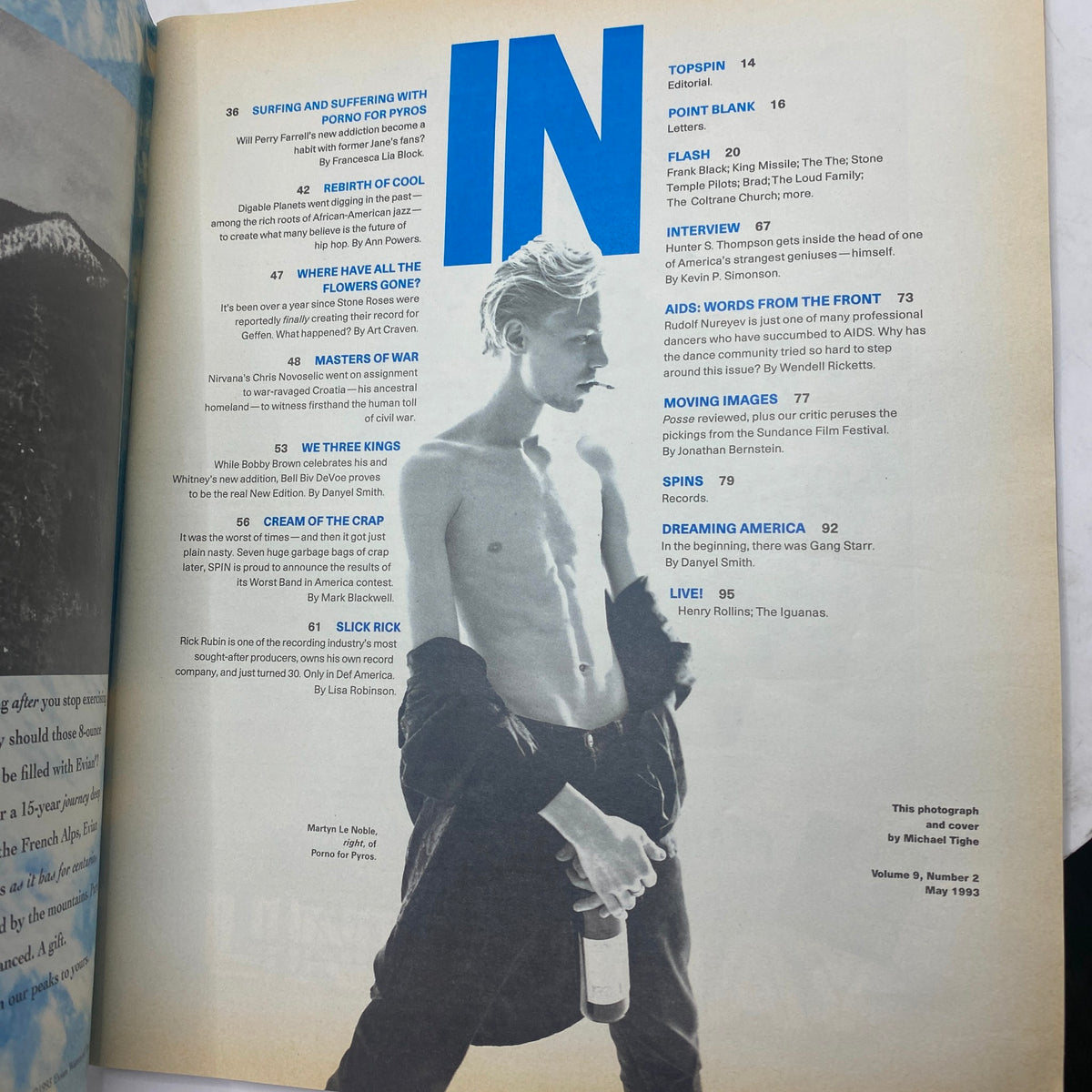 Page from Spin Magazine May 1993, Vol 9 No. 2 showcasing the table of contents, featuring articles on Digable Planets and interviews reflecting the early '90s music scene.