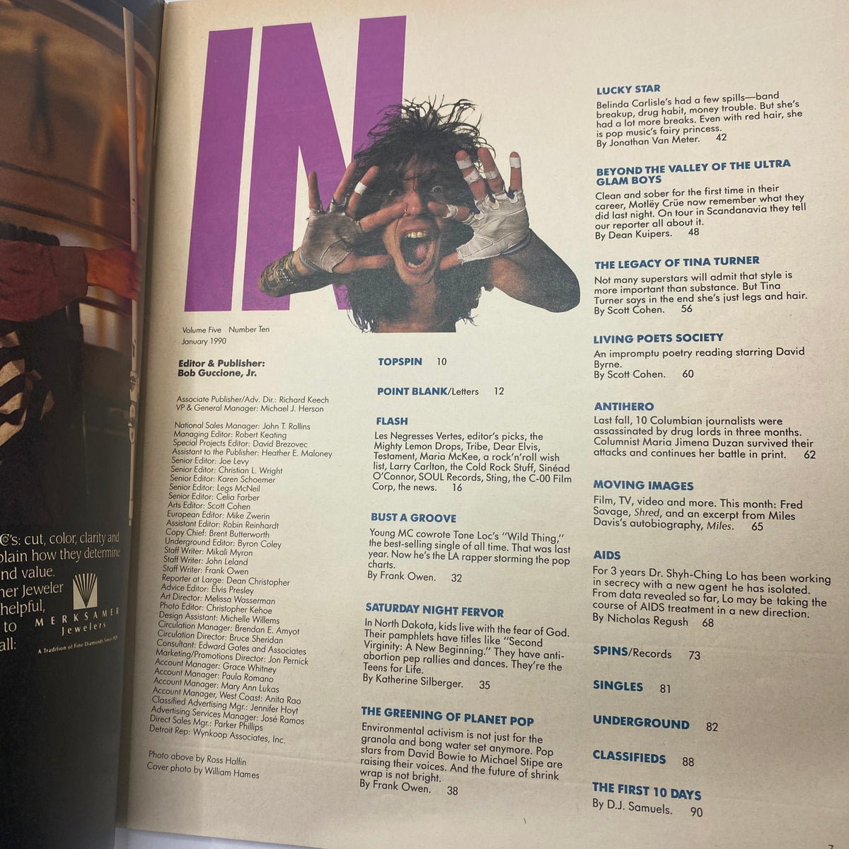 Inside view of Spin Magazine January 1990 Vol 5 No. 10 showcasing editorial content and features, including highlights on Motley Crue and pop culture of the era.