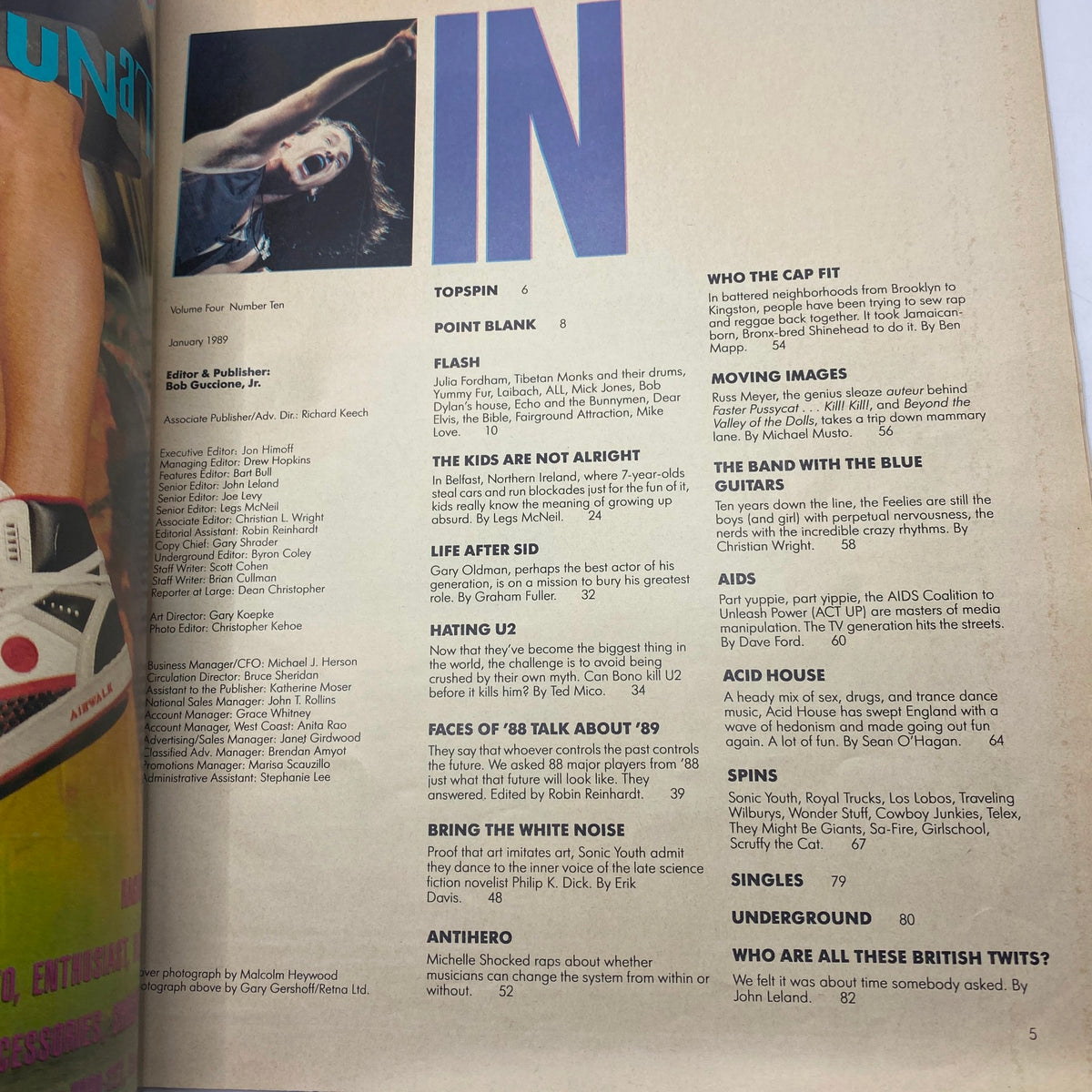 Inside page of Spin Magazine January 1989 showcasing various articles and features including a list of contents, reflecting the magazine's focus on music and culture during that era.