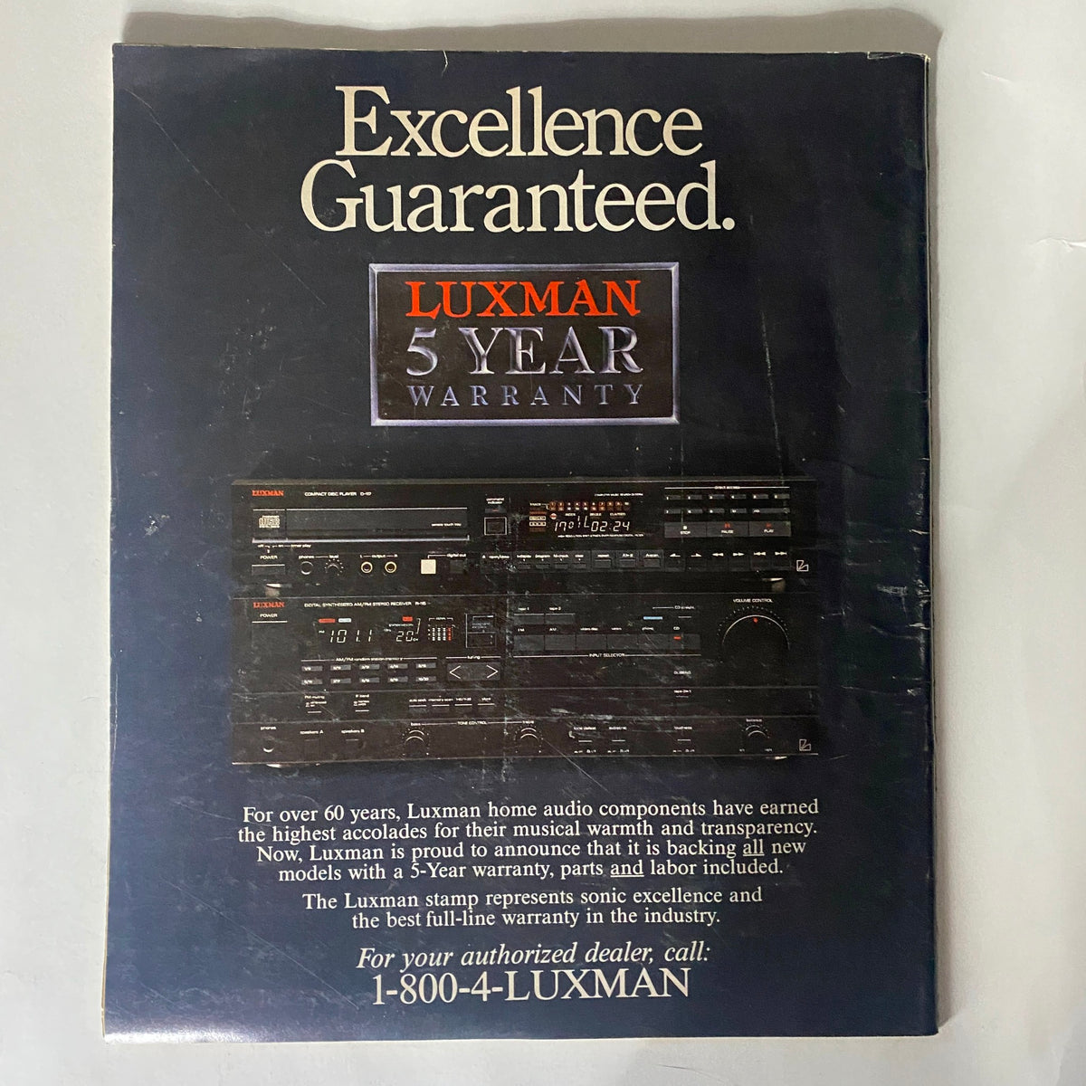 Back cover of Spin Magazine January 1989 displaying an advertisement for Luxman audio equipment, emphasizing quality and warranty, resonating with music enthusiasts.