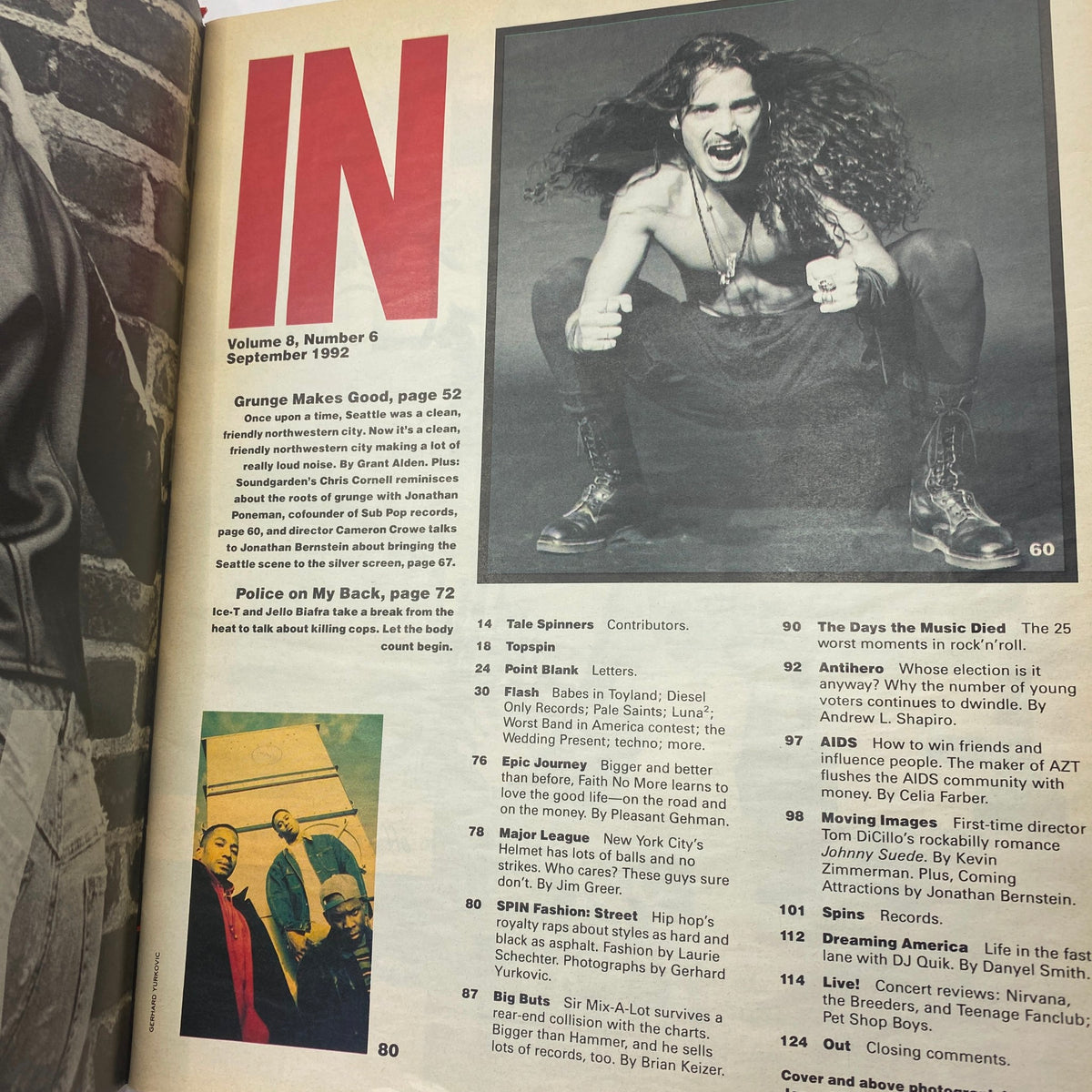 Inside page of Spin Magazine September 1992, Volume 8, Number 6, showcasing content listings and an image of Chris Cornell, emphasizing grunge culture.